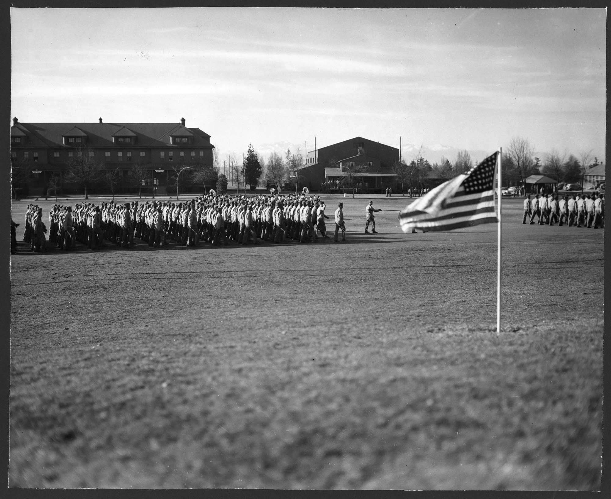 Image of Signal Corps troops marching at Fort Lawton, January 29, 1944