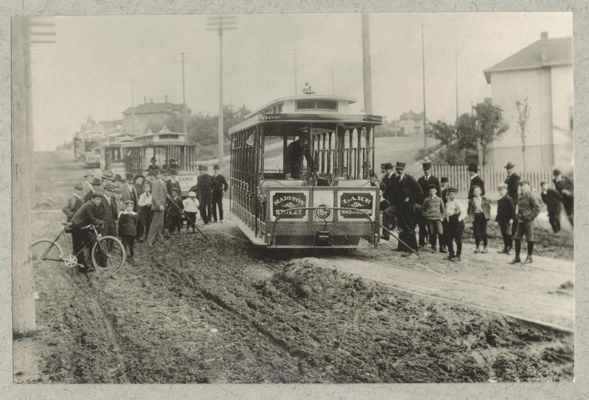 Image of Madison Street cable car off its track, Seattle, circa 1905