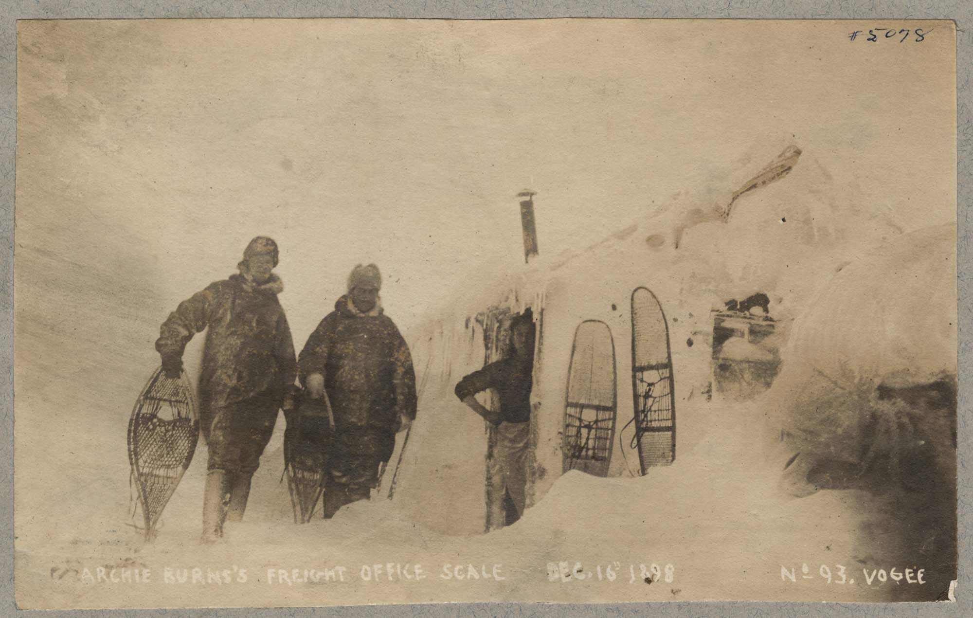 Image of Snowshoers at Archie Burns freight office scale, December 16, 1898