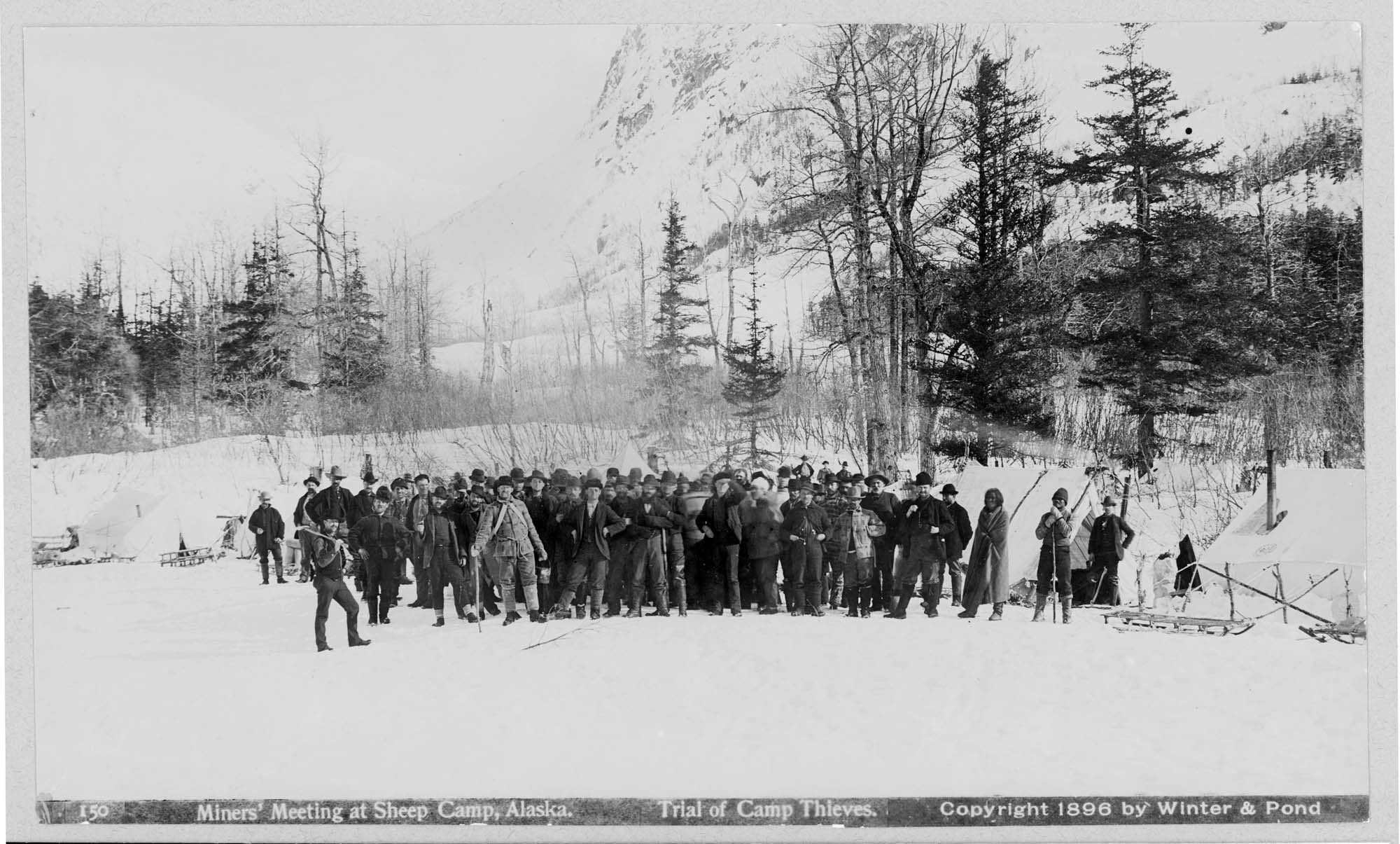 Image of Miners meeting at Sheep Camp, Alaska for trial of camp thieves , circa 1896