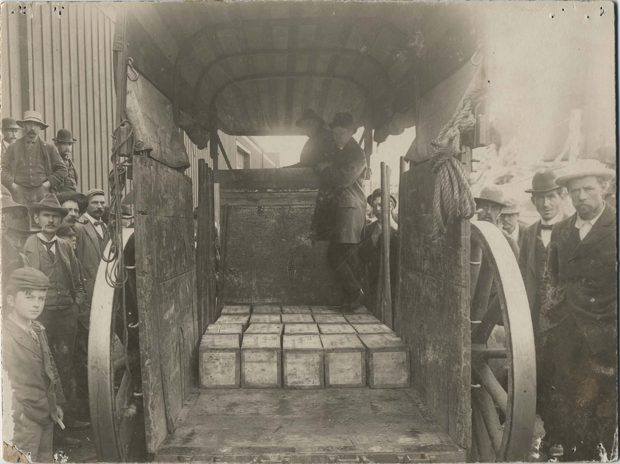 Image of Crates of gold on the way to the Seattle assay office, circa 1902