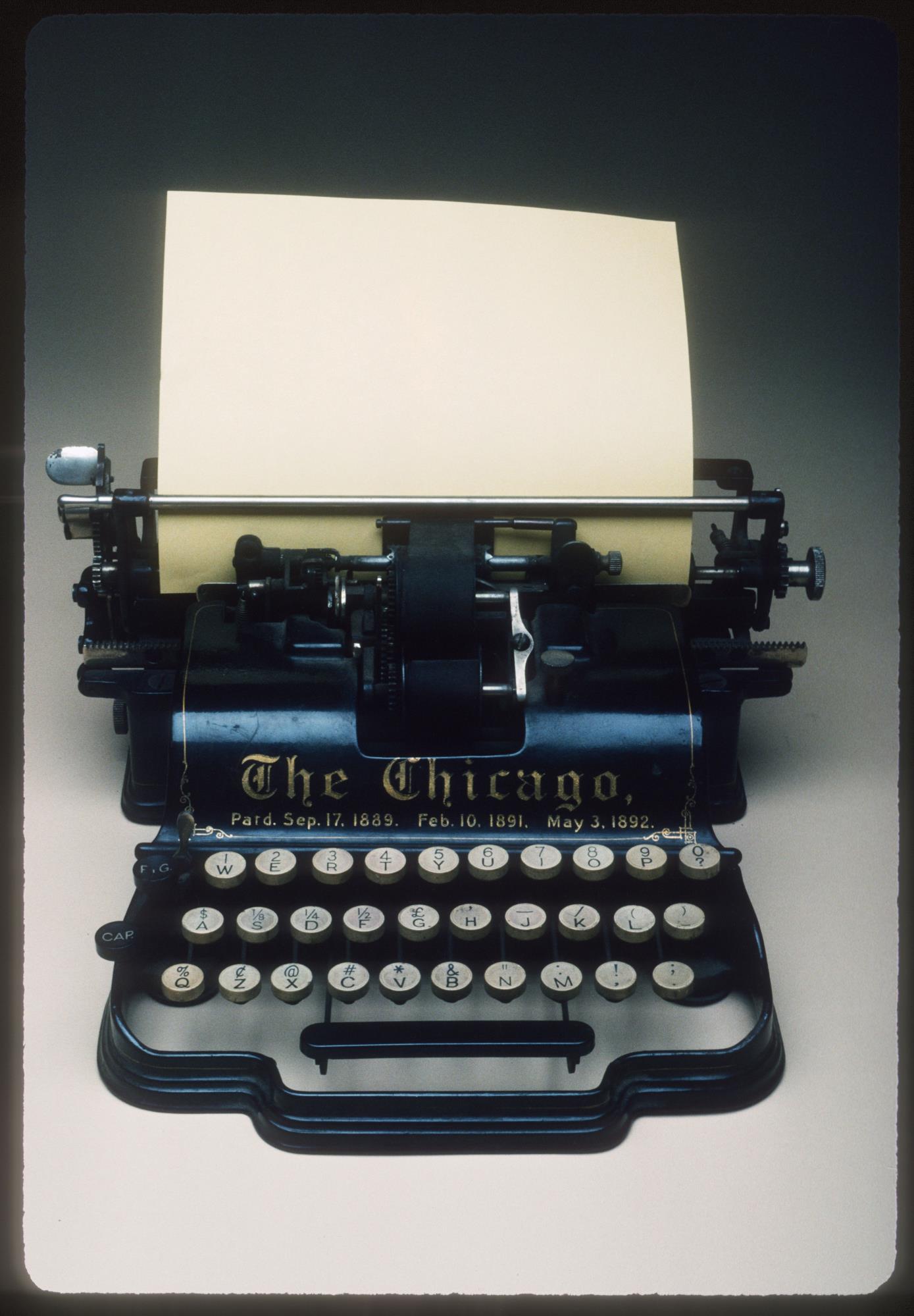 Image of Non-QWERTY typewriter made by the Chicago Writing Machine Company, ca. 1900-1912