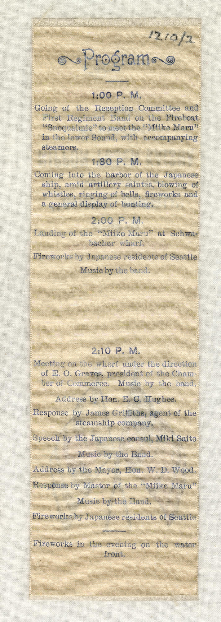 Image of Program on silk ribbon for the arrival of the Miike Maru steamship in Puget Sound, 1896