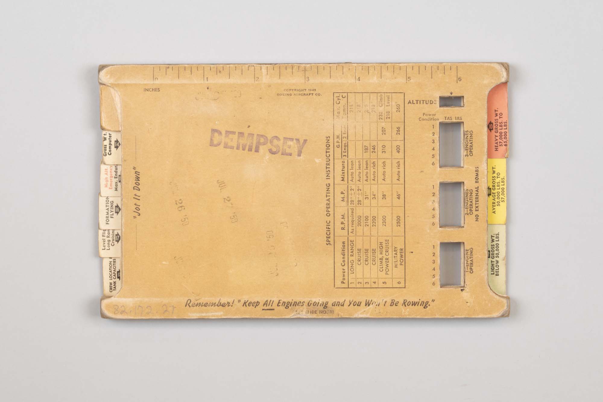 Image of Flight computer chart for the Model B-17F, used by Bessie Dempsey while working for Boeing, 1950