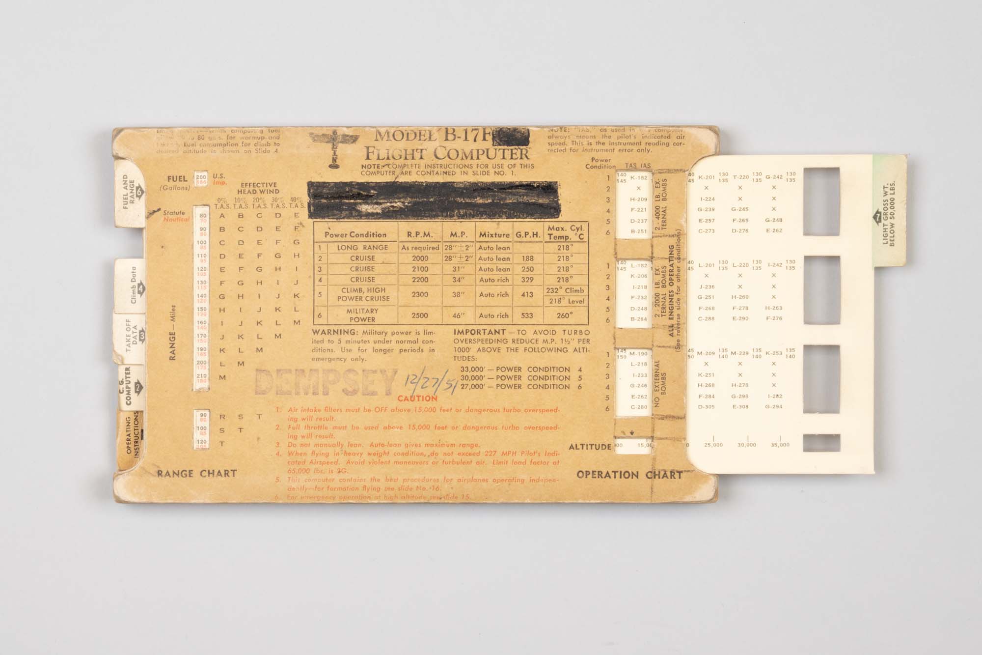 Image of Flight computer chart for the Model B-17F, used by Bessie Dempsey while working for Boeing, 1950