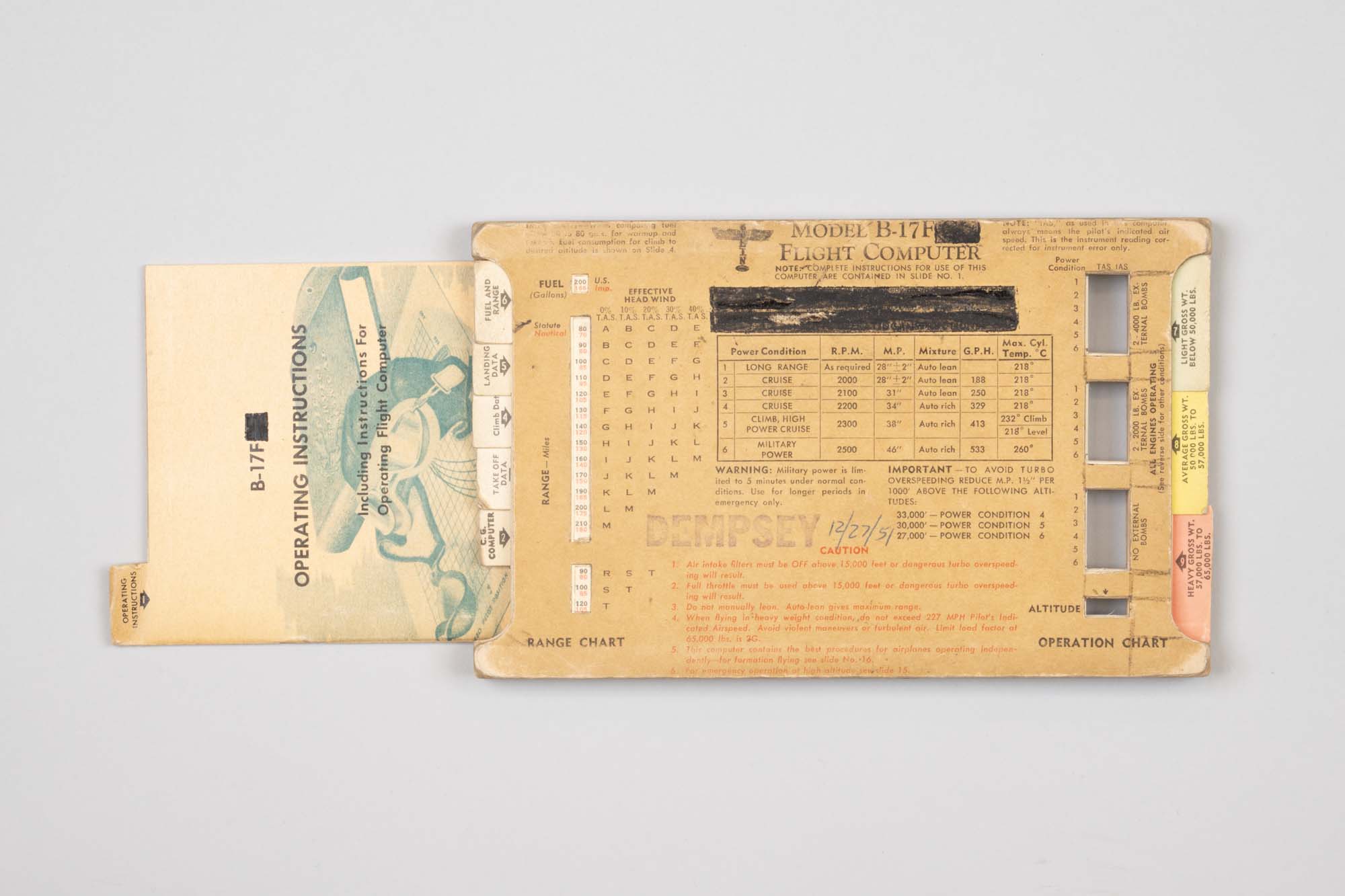 Image of Flight computer chart for the Model B-17F, used by Bessie Dempsey while working for Boeing, 1950