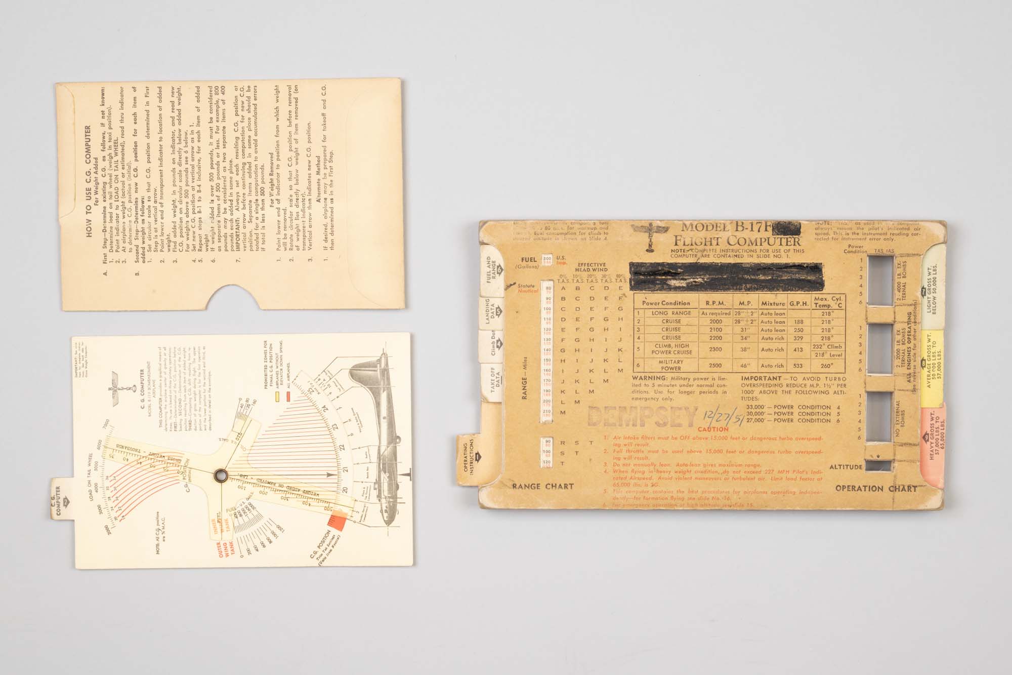 Image of Flight computer chart for the Model B-17F, used by Bessie Dempsey while working for Boeing, 1950