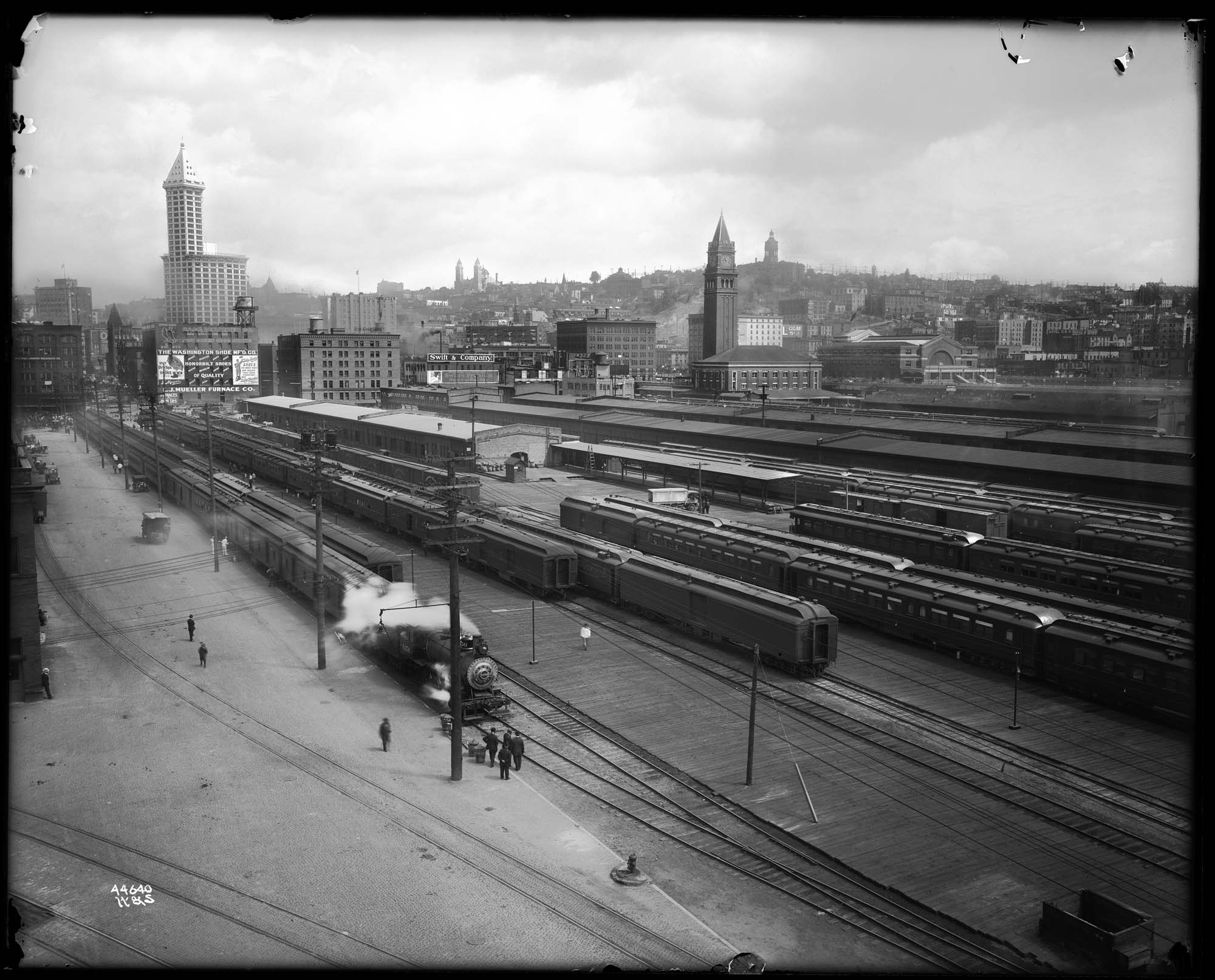 Image of Trains in railroad yard, Seattle, circa 1915