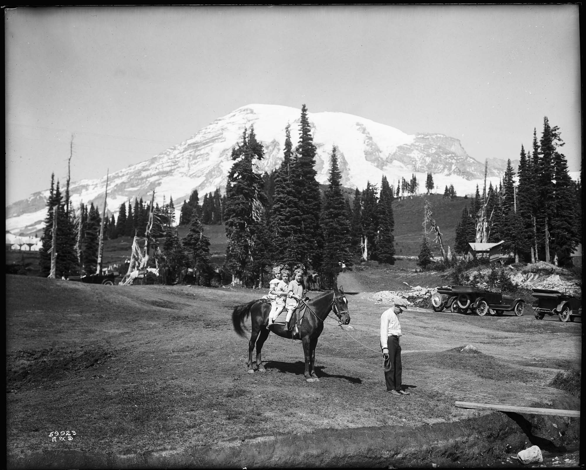 Image of Girls on a horse at Mount Rainier National Park, circa 1917