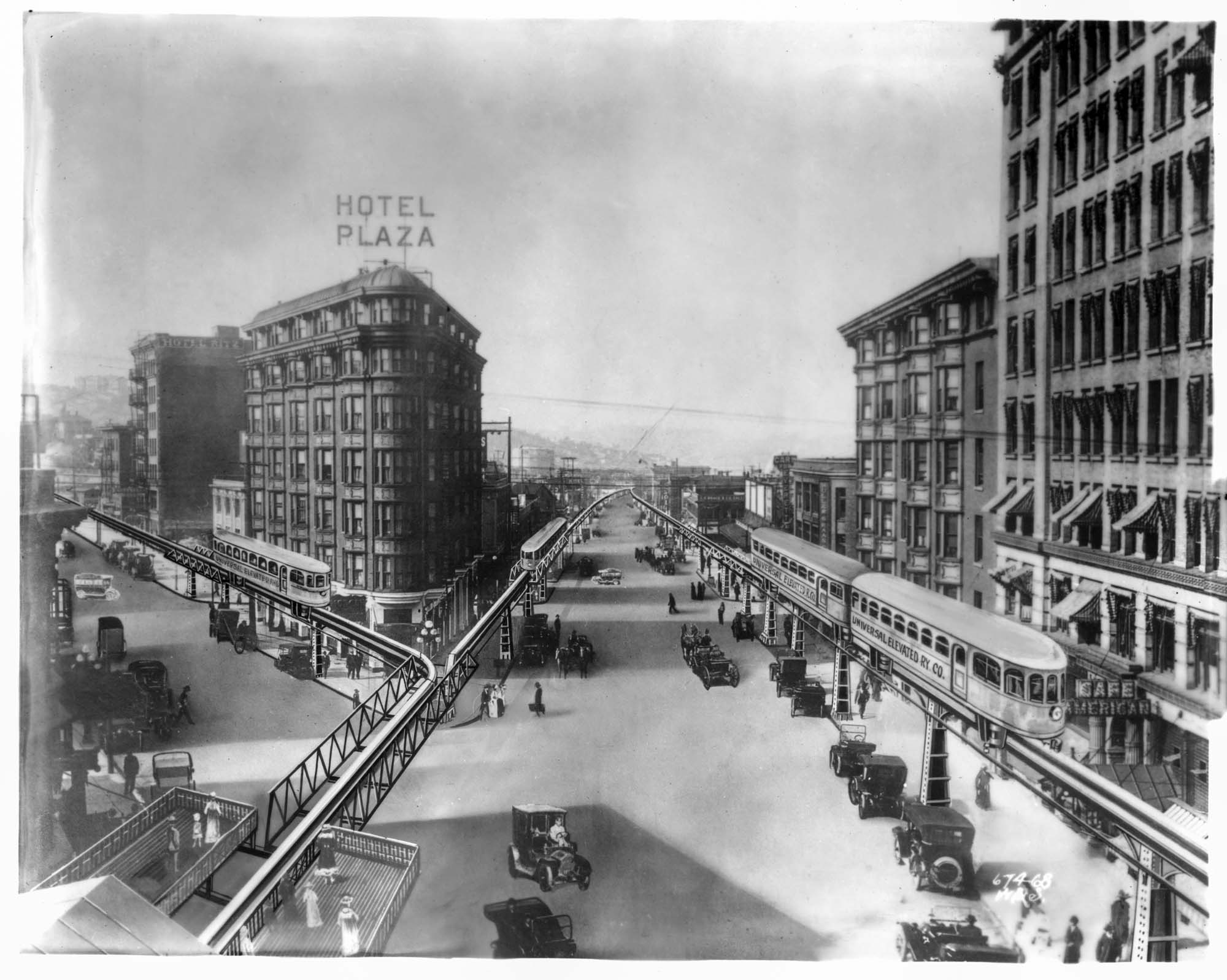 Image of Artist's concept drawing of Fourth Avenue and Westlake Avenue monorails, Seattle, circa 1920
