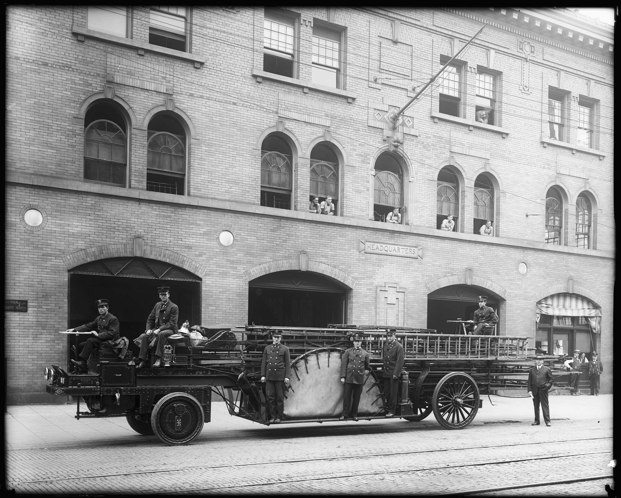 Image of Hook-and-ladder fire truck, circa 1918