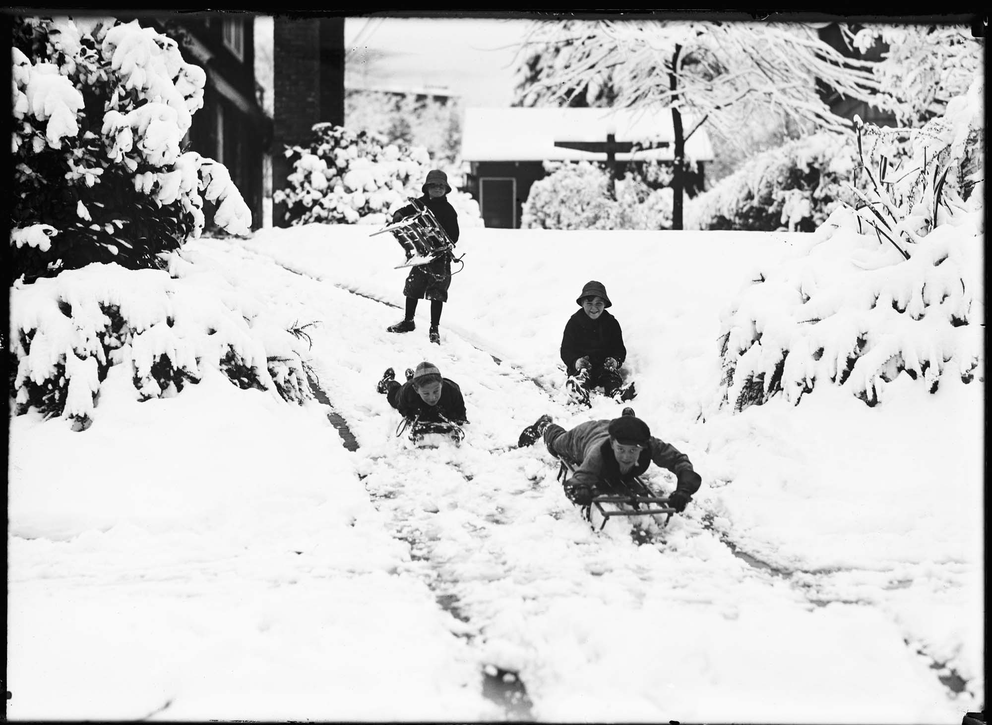 Image of Children sledding, circa 1920