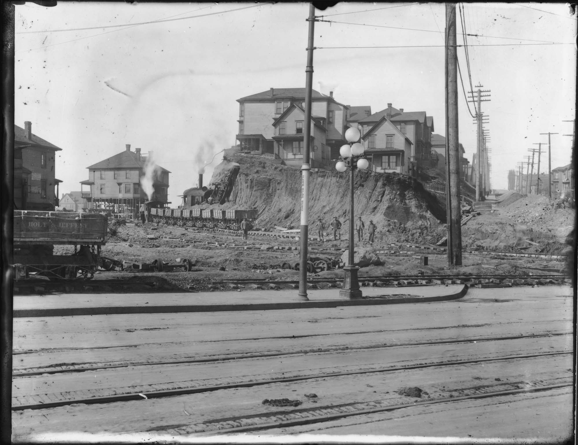 Image of Denny Hill being regraded, Seattle, circa 1909