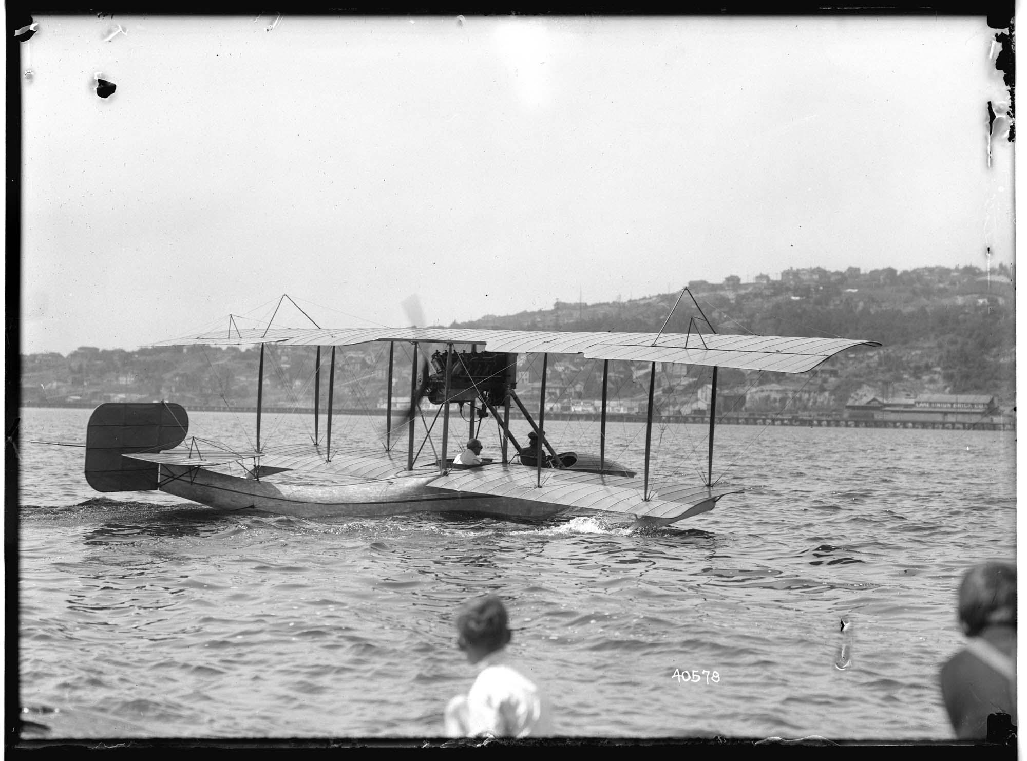Image of Aviator Silas Christofferson and Seattle Mayor Hiram Gill in plane on Lake Union, Seattle, July 18, 1914
