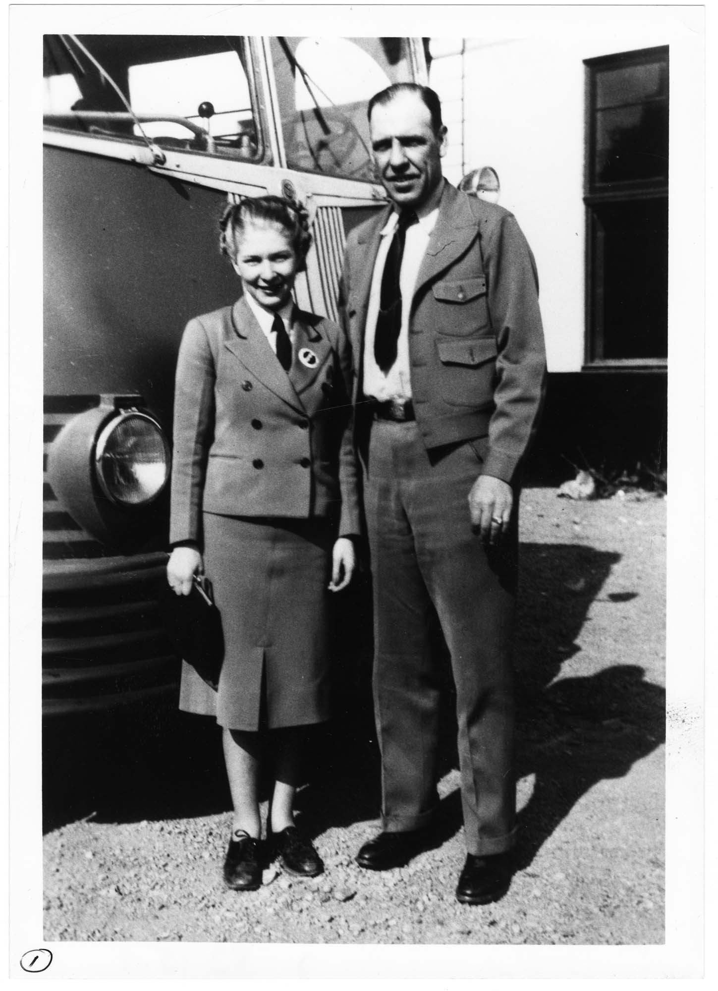 Image of Bus driver Ralph Tucker and conductorette Berenyl Snyder Kelly of the Washington Motor Coach System, 1939