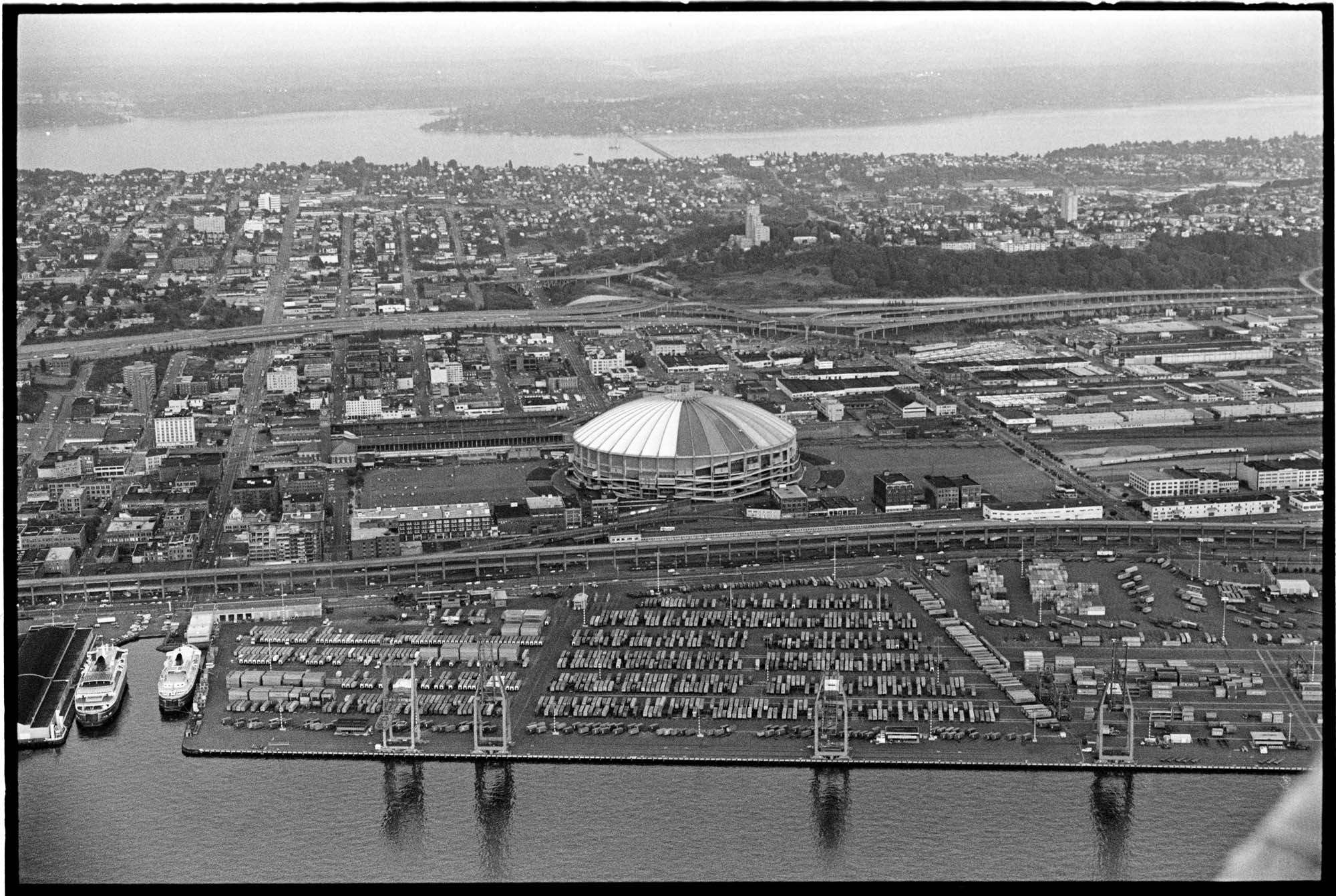 Image of Aerial view of Kingdome and container dock, Seattle, September 23, 1983