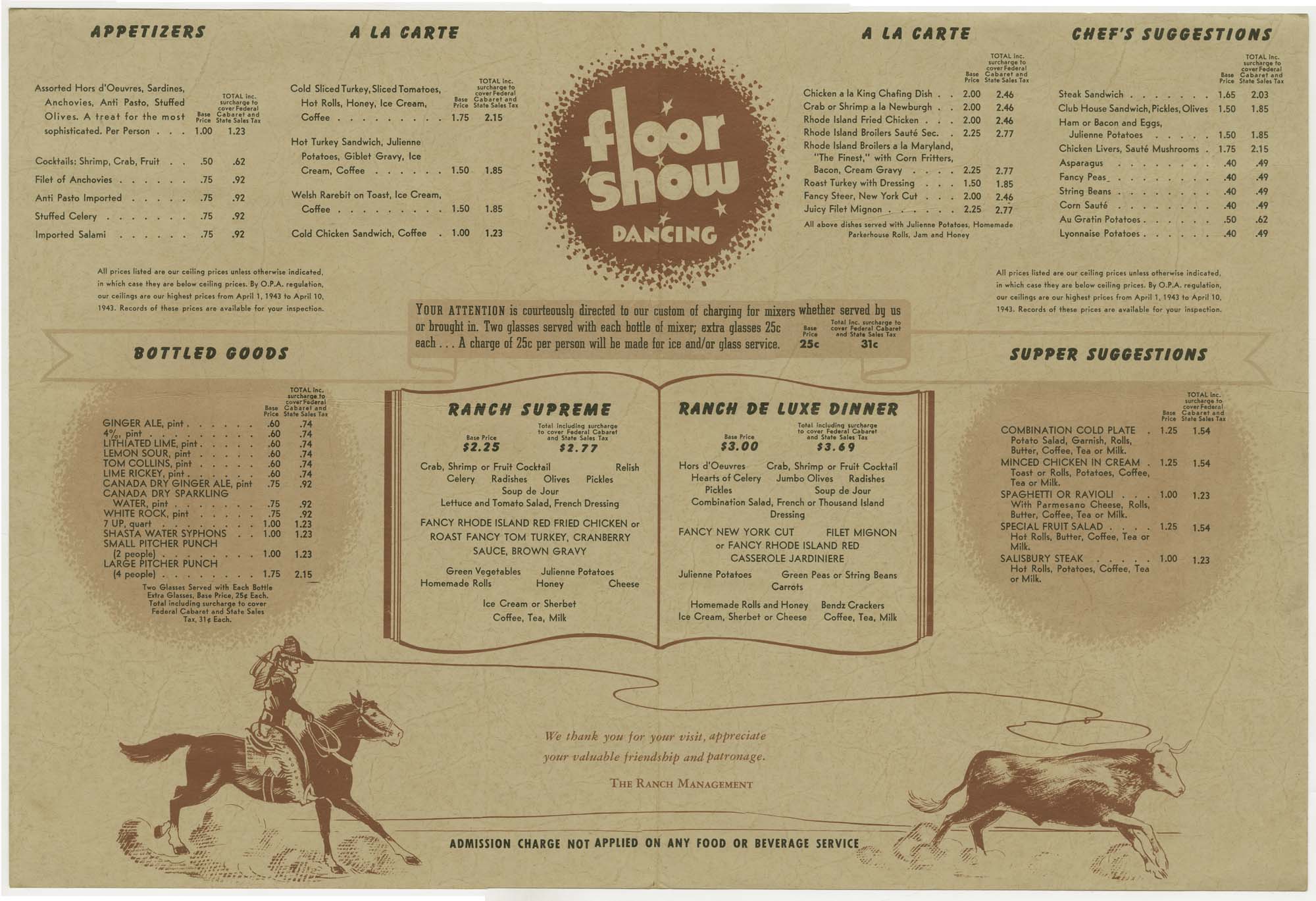 Image of The Town Ranch menu, 1943