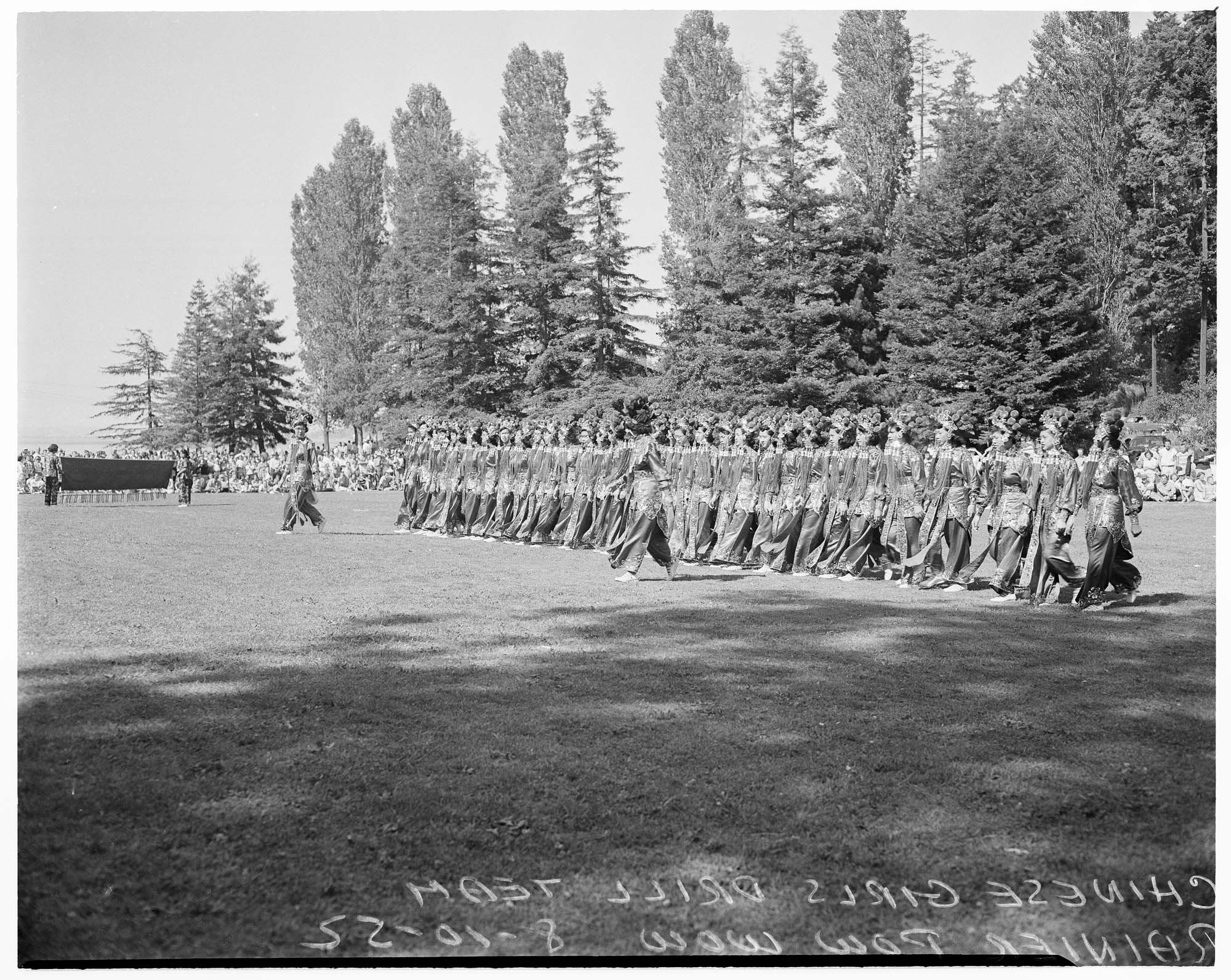 Image of Seattle Chinese Community Girls' Drill Team at Seafair Powwow during, Seattle, August 11, 1952