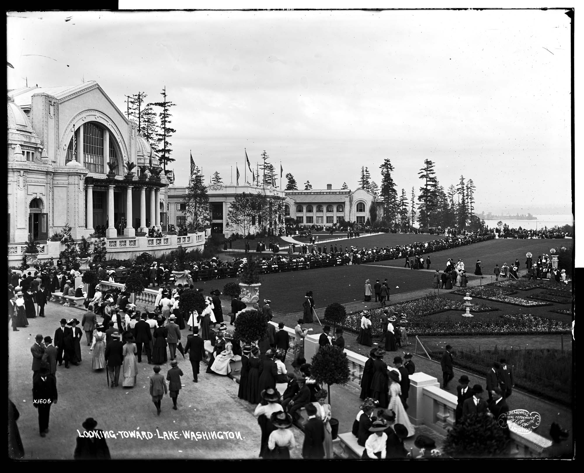Image of Alaska-Yukon-Pacific Exposition grounds, looking toward Lake Washington, 1909