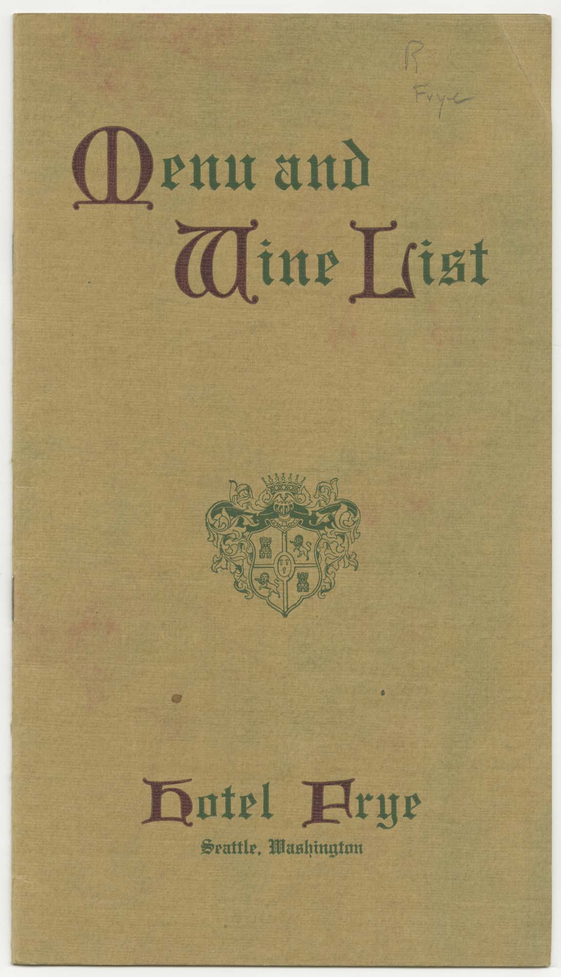 Image of Hotel Frye menu, circa 1911