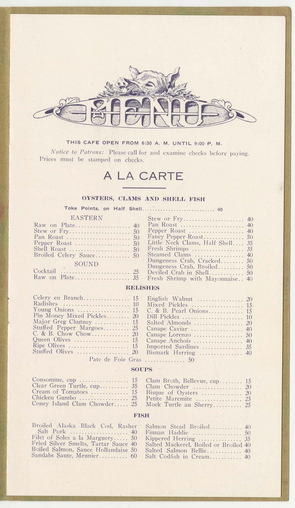 Image of Hotel Frye menu, circa 1911