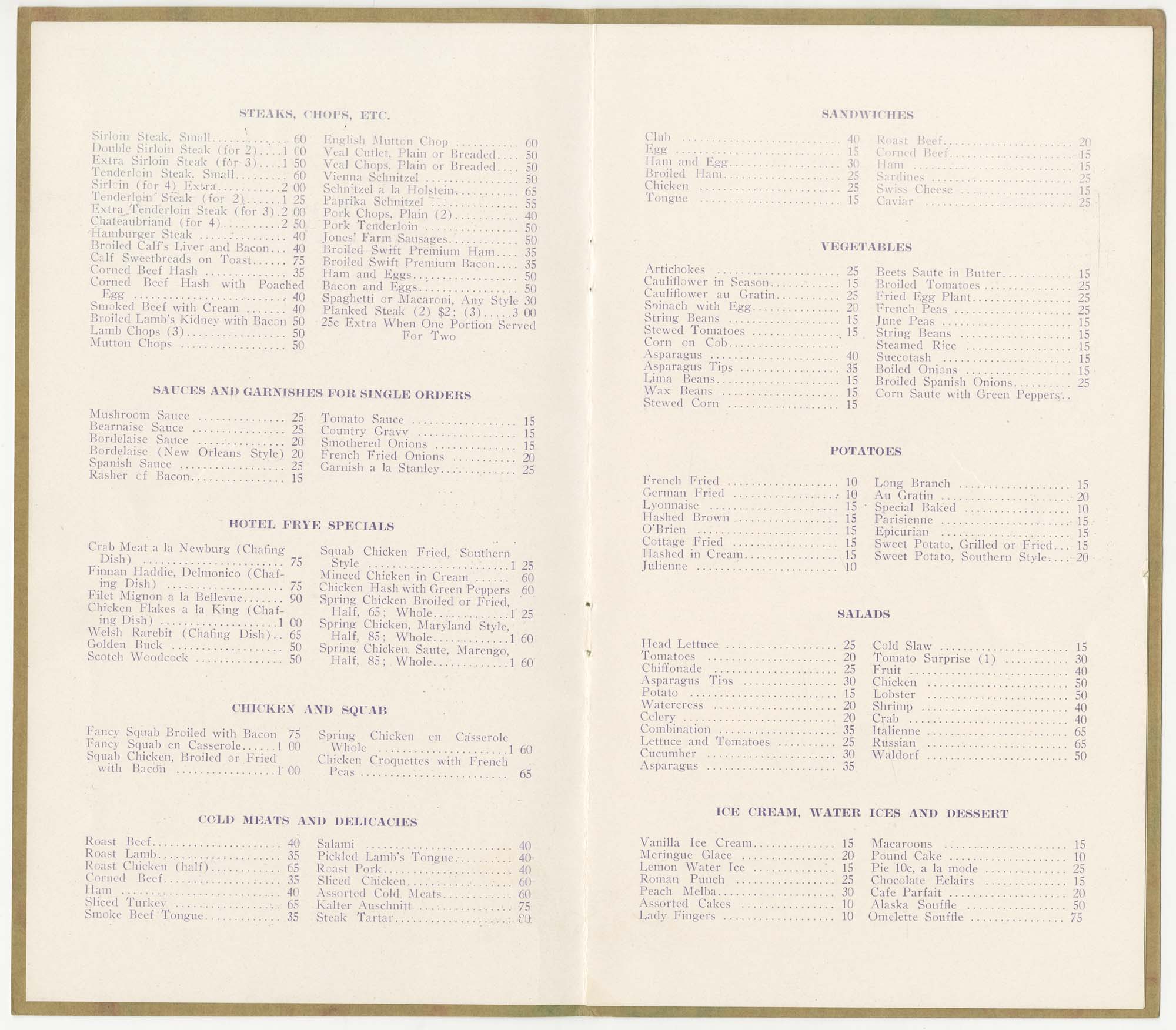 Image of Hotel Frye menu, circa 1911