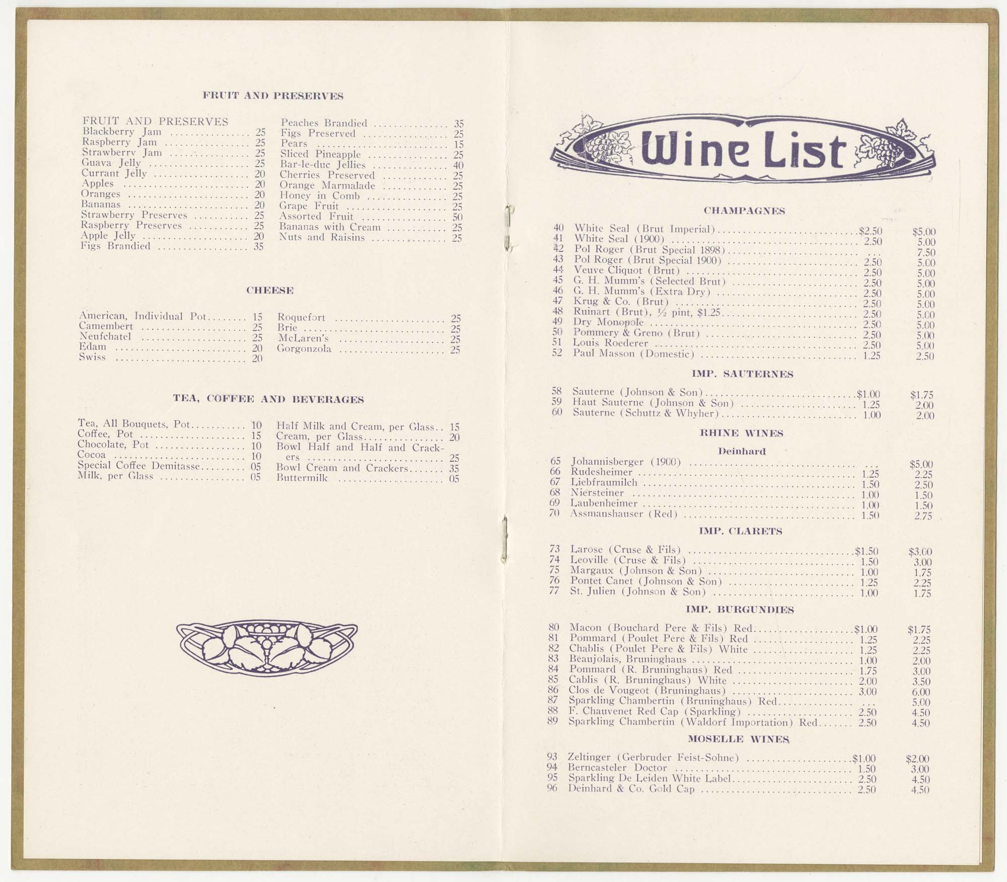 Image of Hotel Frye menu, circa 1911