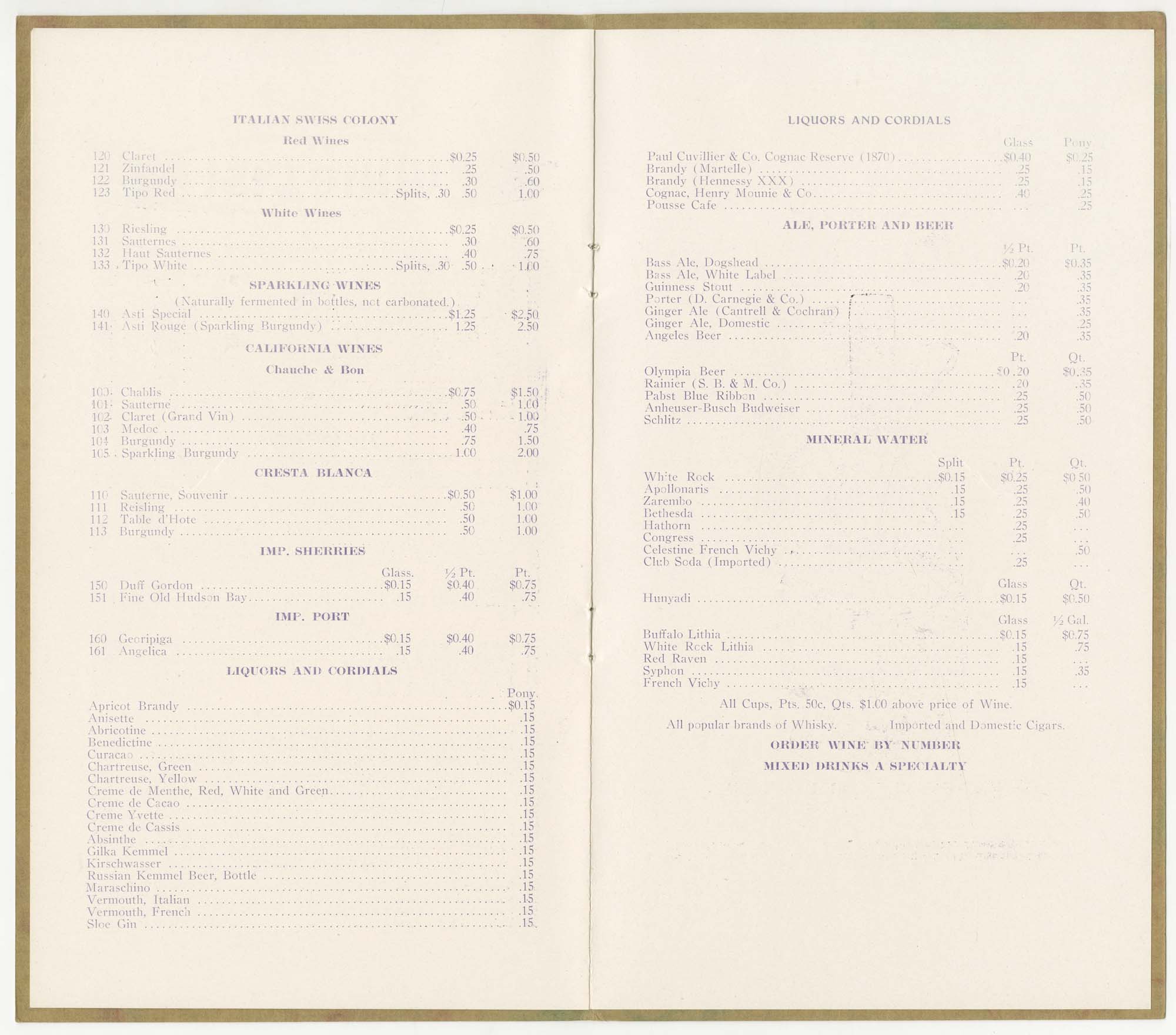 Image of Hotel Frye menu, circa 1911