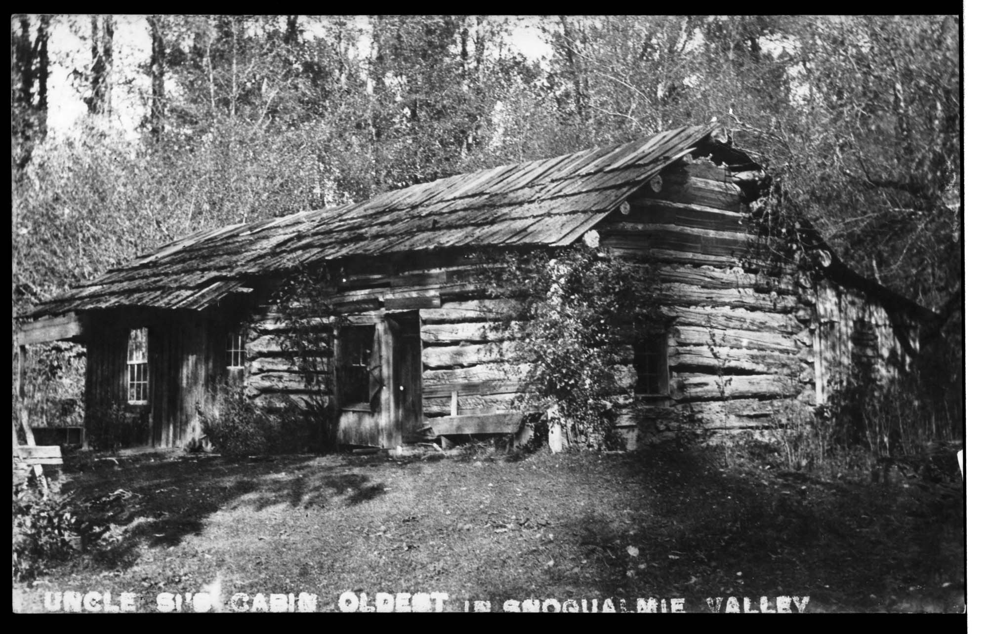 Image of Josiah Merritt's cabin in Snoqualmie Valley, circa 1910