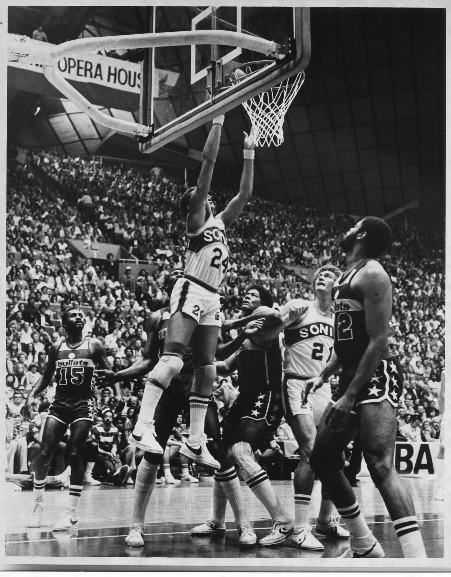 Image of Dennis Johnson shooting basket during NBA Finals against Washington Bullets, Seattle, 1979
