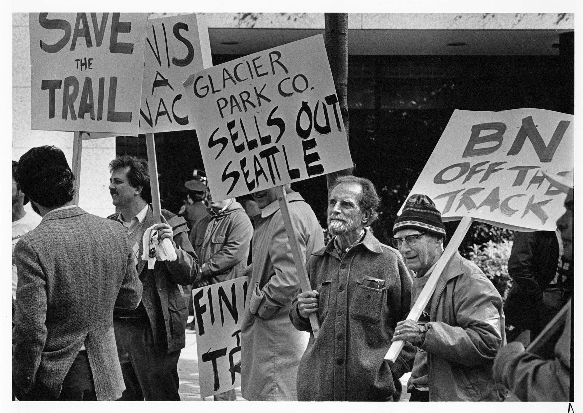 Image of Demonstration outside Burlington Northern headquarters in favor of extending Burke-Gilman trail, Seattle, March 3, 1988