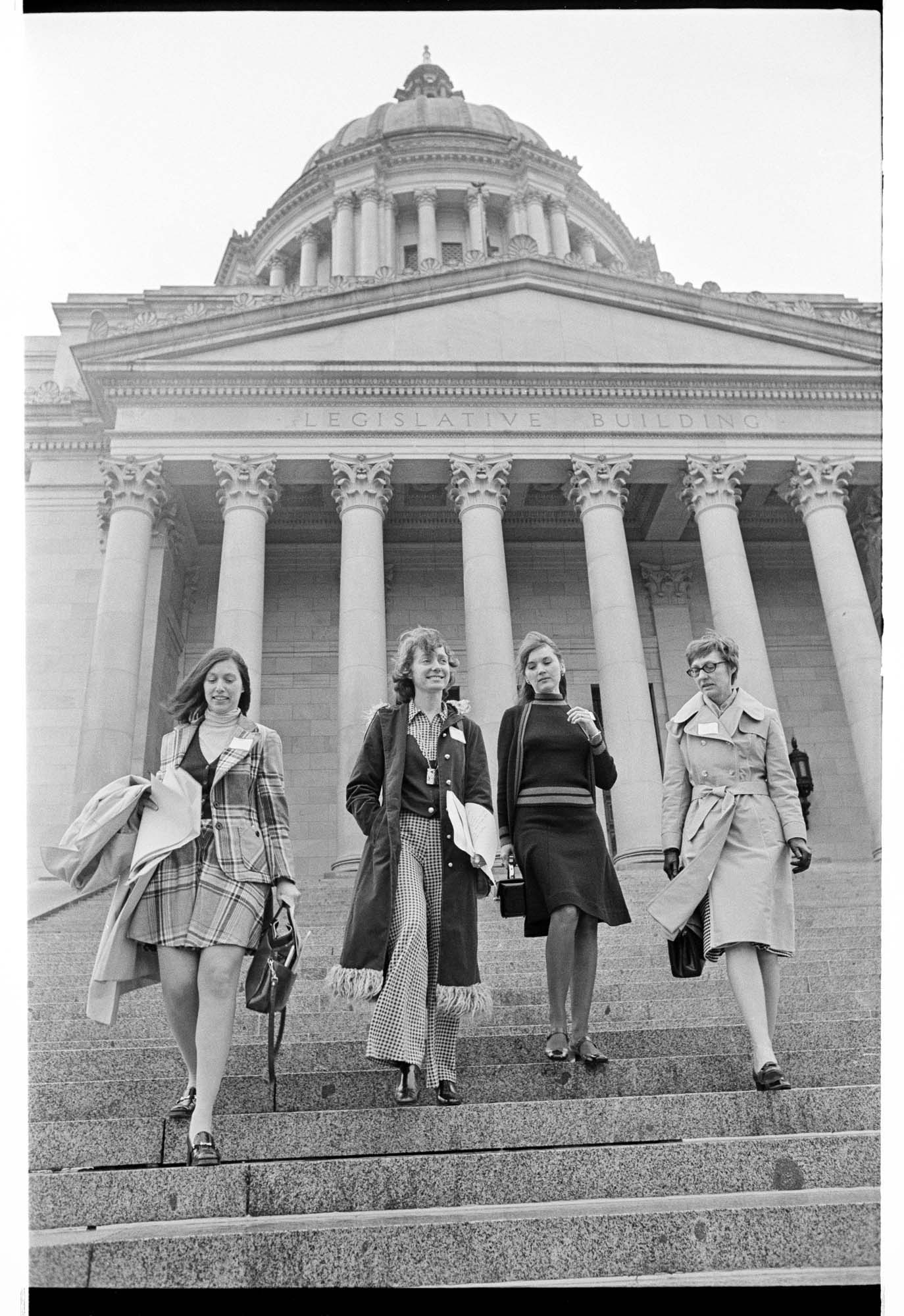 Image of League of Women Voters members outside Washington State Capitol, Olympia, January 1974