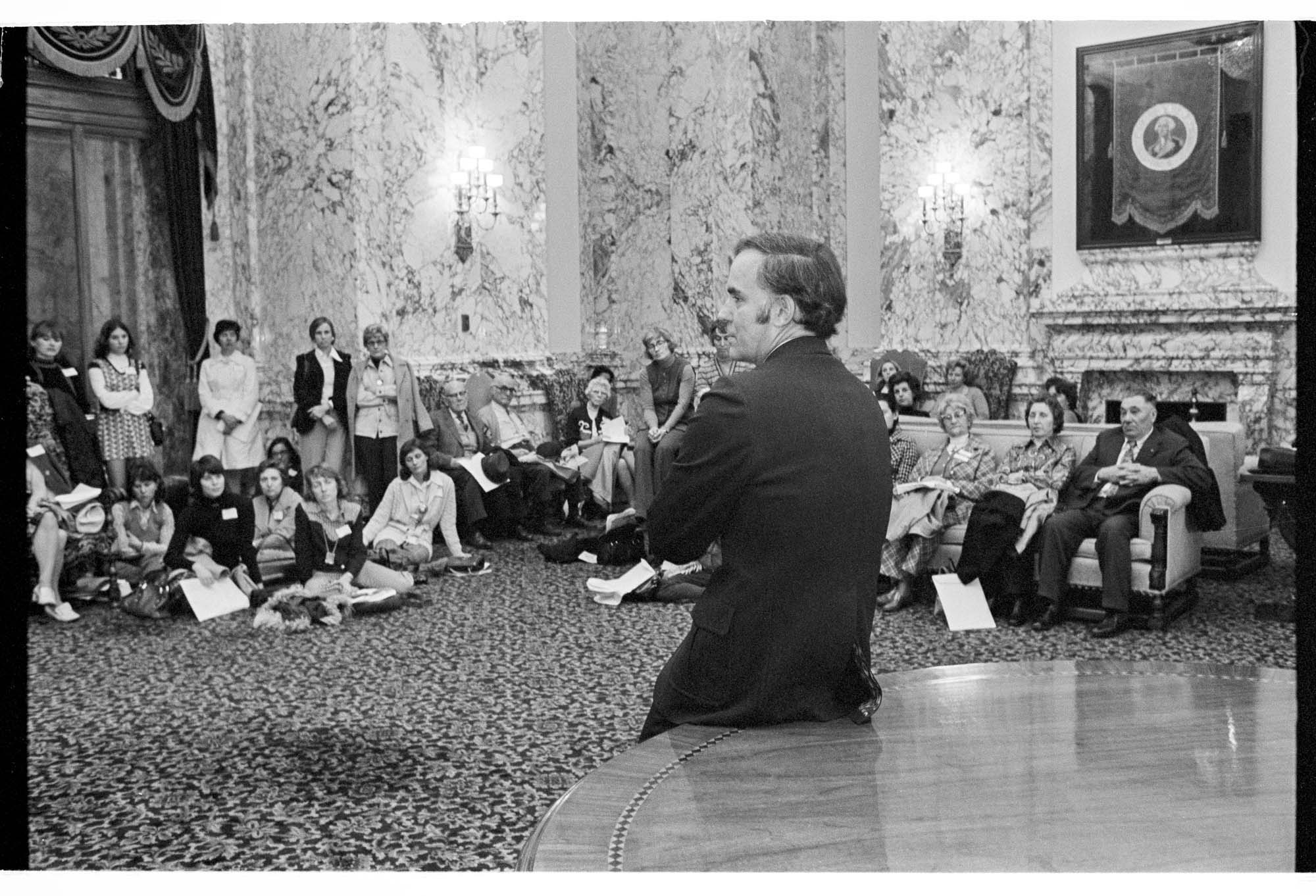 Image of League of Women Voters listening to Dan Evans, Olympia, January 1974