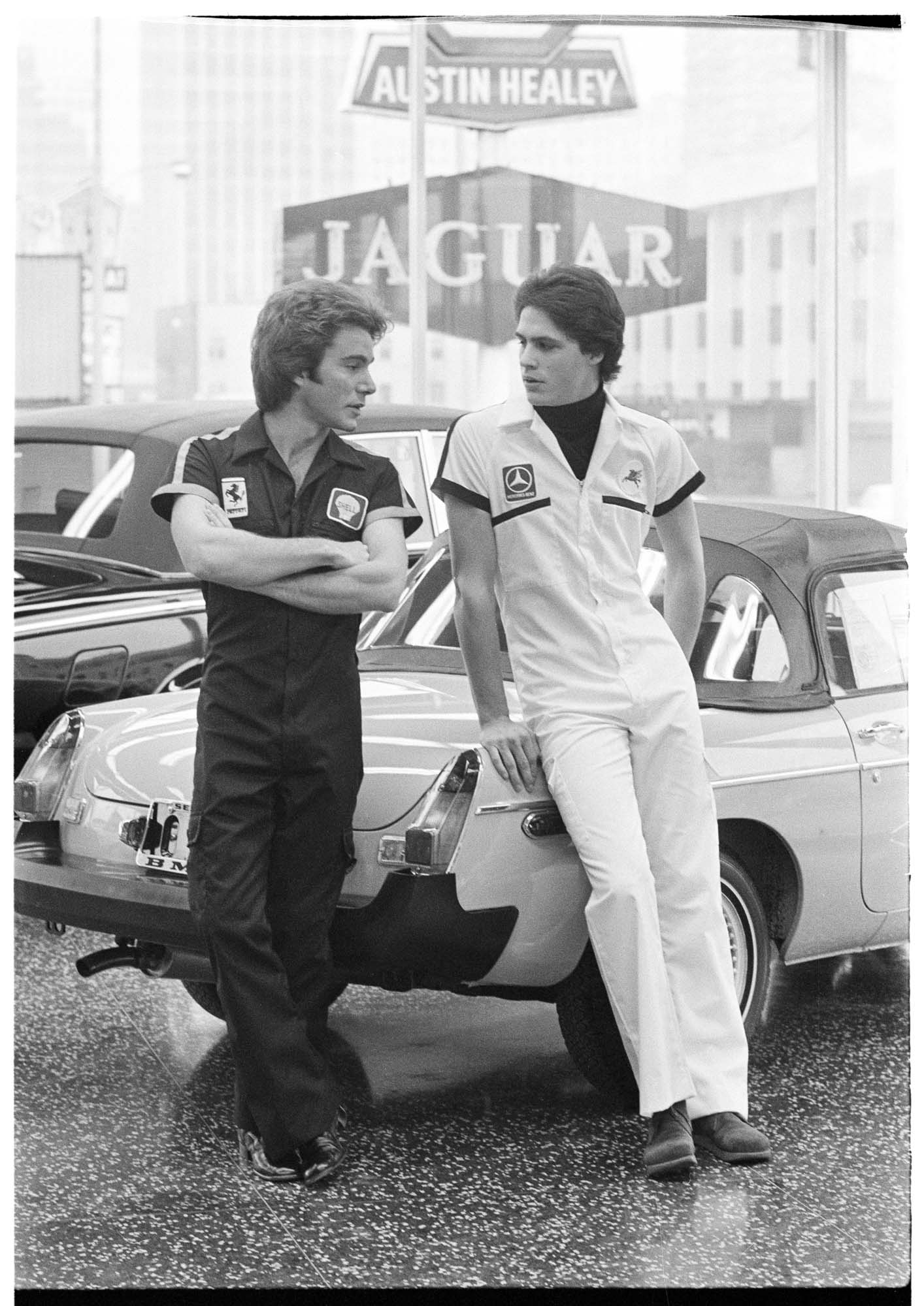 Image of Two men modeling jumpsuits, Seattle,  December 1975