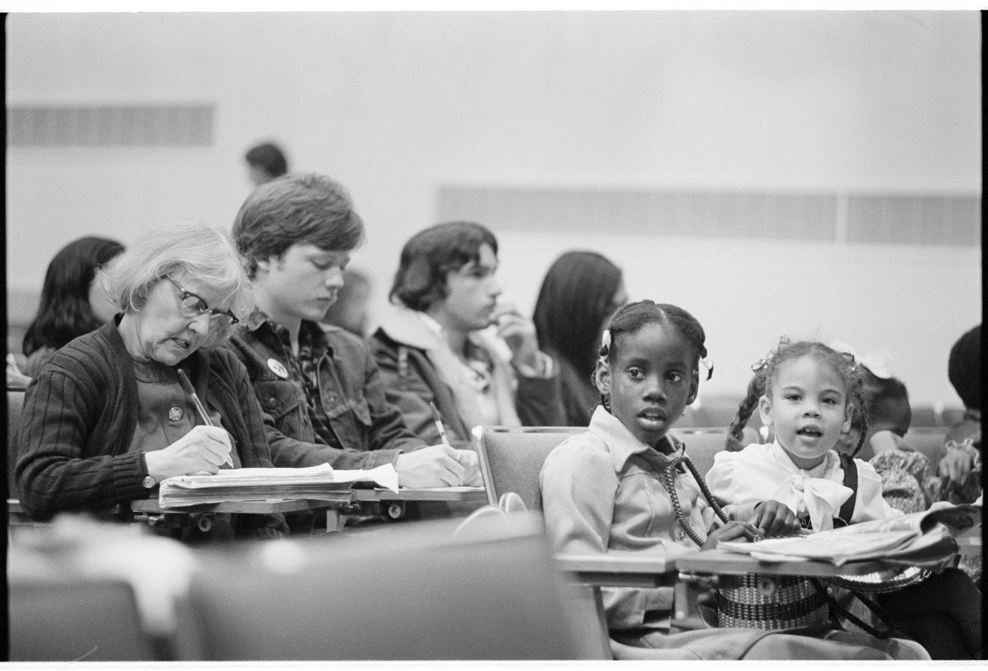 Image of People attending Central Area school council meeting at Garfield High School, Seattle, June 13, 1976