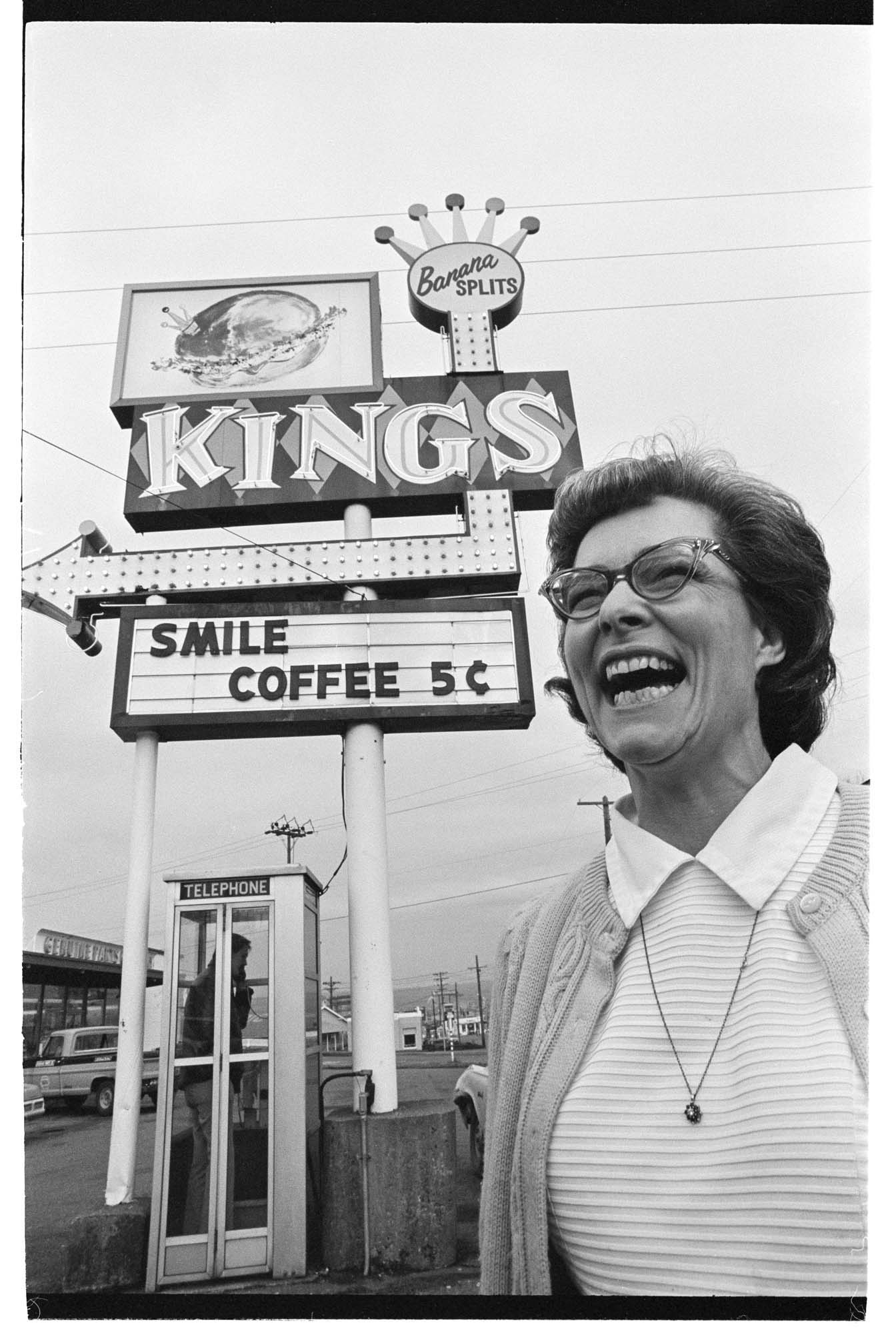 Image of Nita Huber of Kings Drive-In, selling 5-cent cup of coffee, Tacoma, January 12, 1977