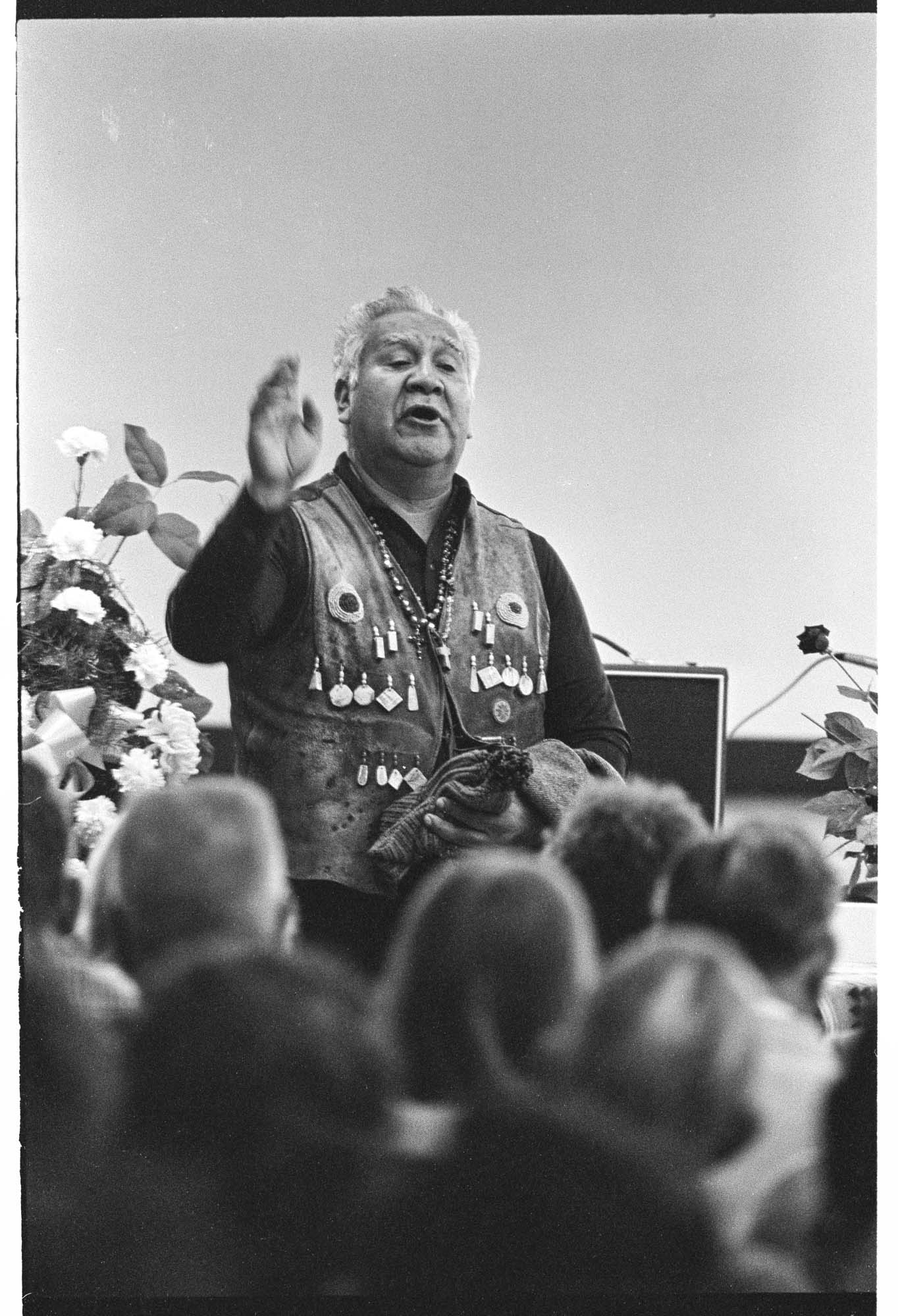 Image of Joseph Washington chanting at funeral for Kathleen Bishop, Port Townsend, February 16, 1978