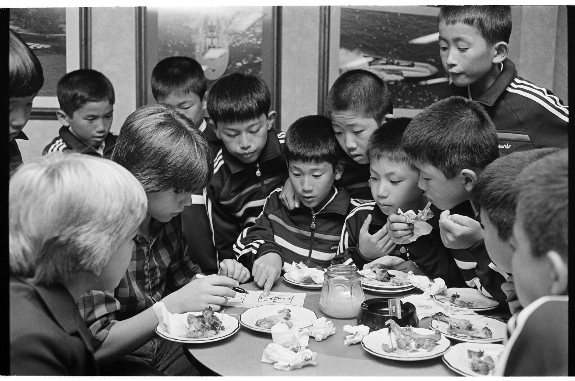 Image of Fuchuu youth soccer team with boys from Seattle's Mazda Pride team, August 7, 1985