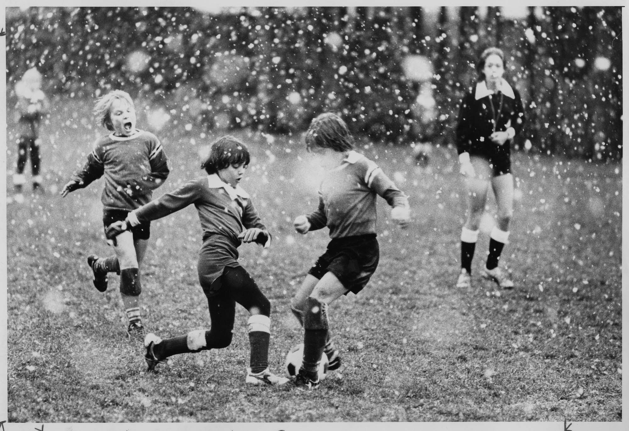 Image of Youth soccer game in the snow at Forest Crest Elementary School, Mountlake Terrace, November 18, 1978