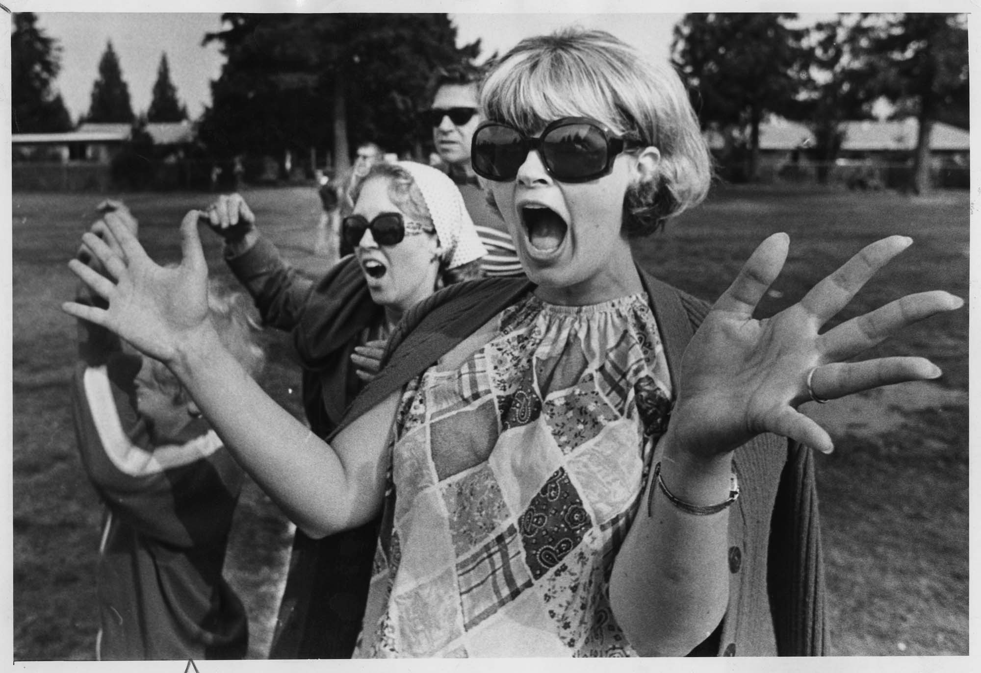 Image of Mary Haller cheering for her child during a soccer game, Lynnwood, October 9, 1976