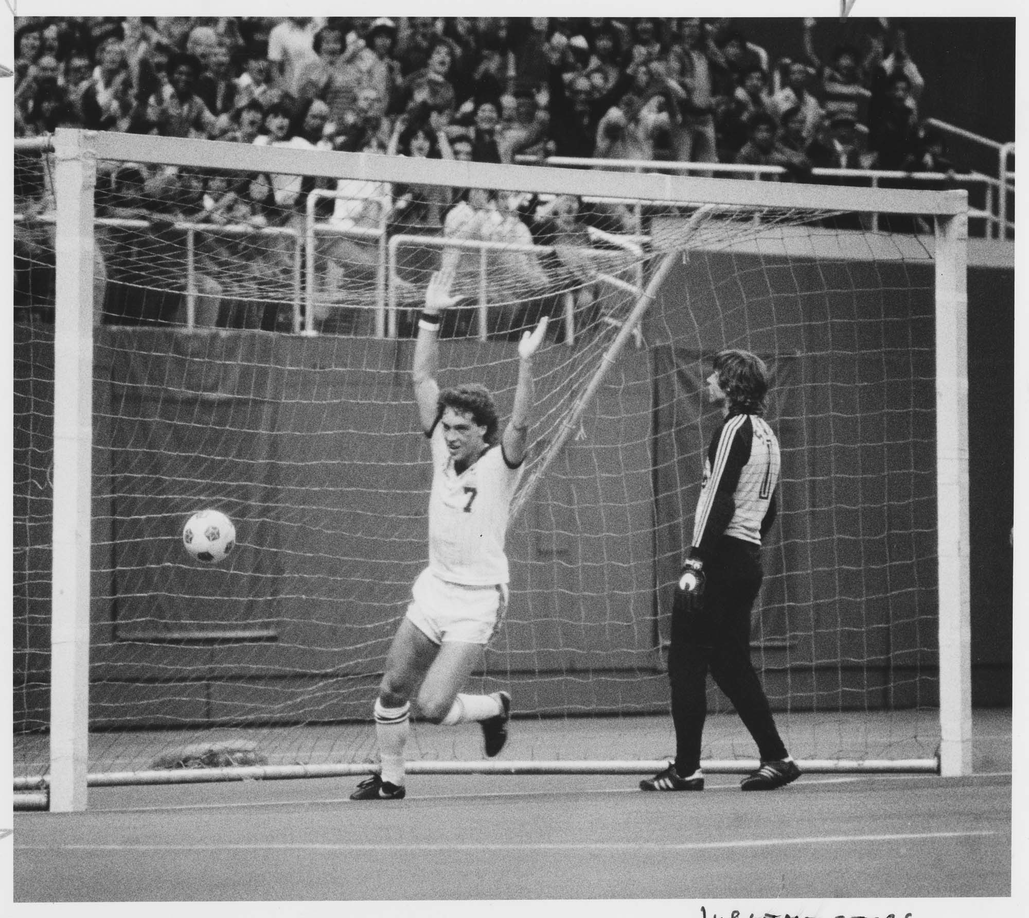 Image of Mark Peterson of the Seattle Sounders celebrates one of his two goals in a game against the Tampa Bay Rowdies, Seattle, July 1, 1983