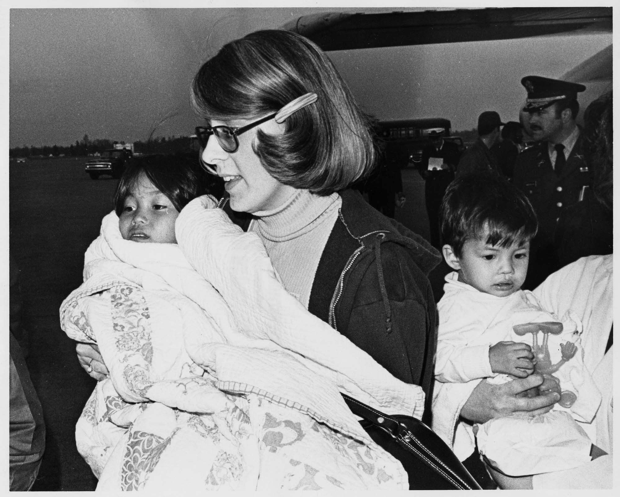 Image of Vietnamese children arriving at McChord Air Force Base in Tacoma, on one of the last flights out of Saigon, April 29, 1975