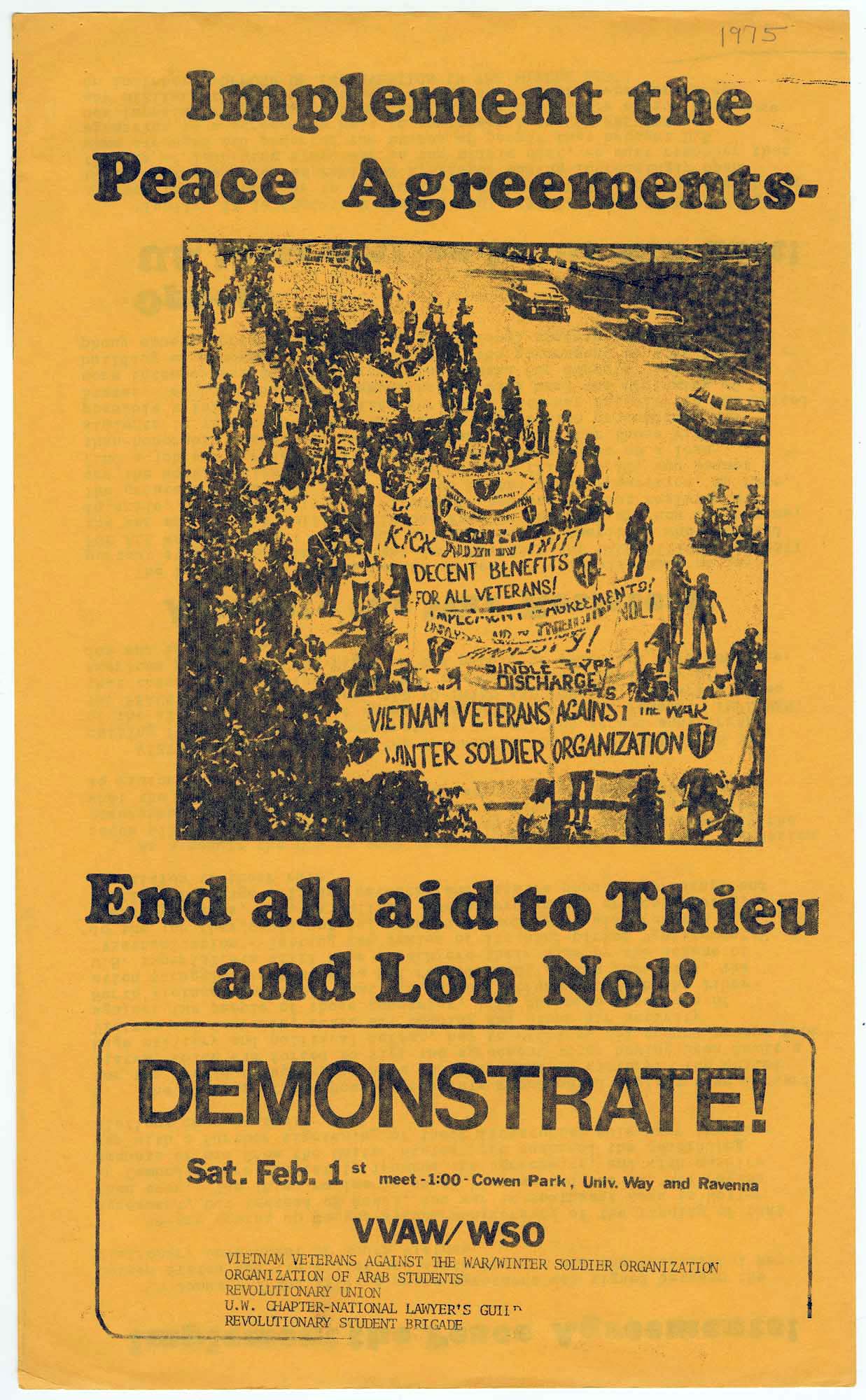 Image of Demonstration to implement Vietnam War peace agreements flier, February 1, 1975