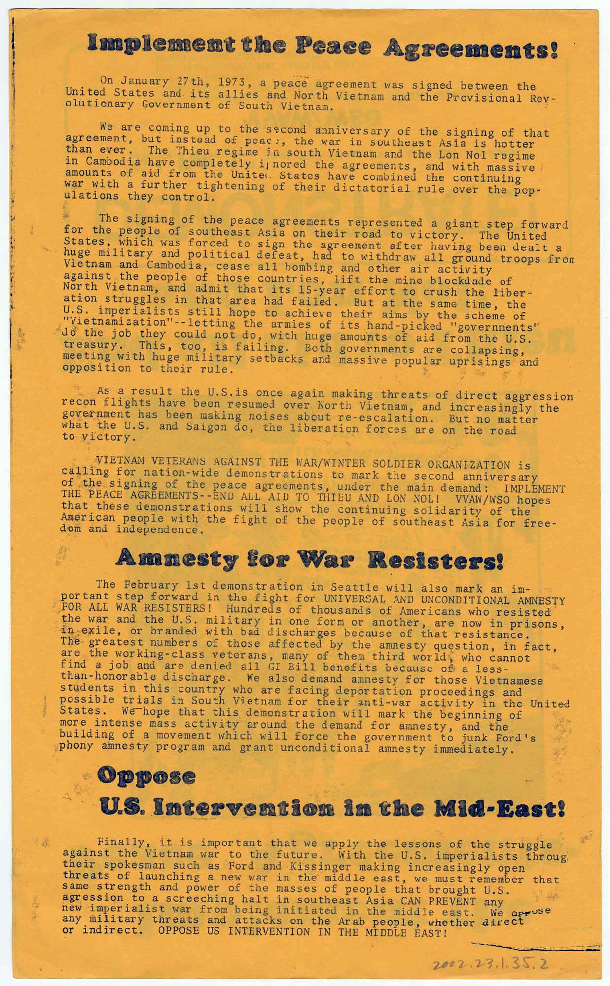 Image of Demonstration to implement Vietnam War peace agreements flier, February 1, 1975