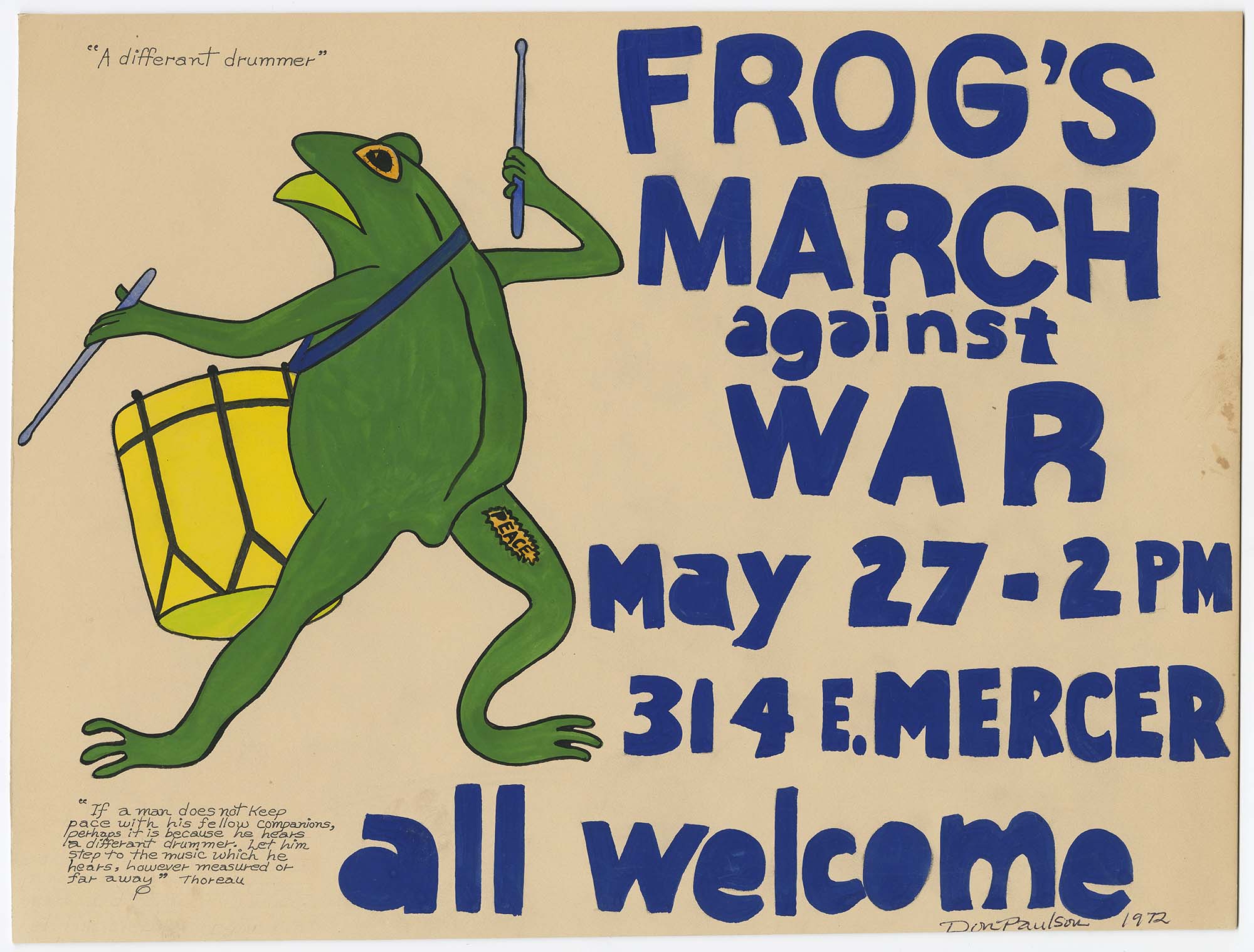 Image of Frog's March against War, handmade poster, May 27, 1972
