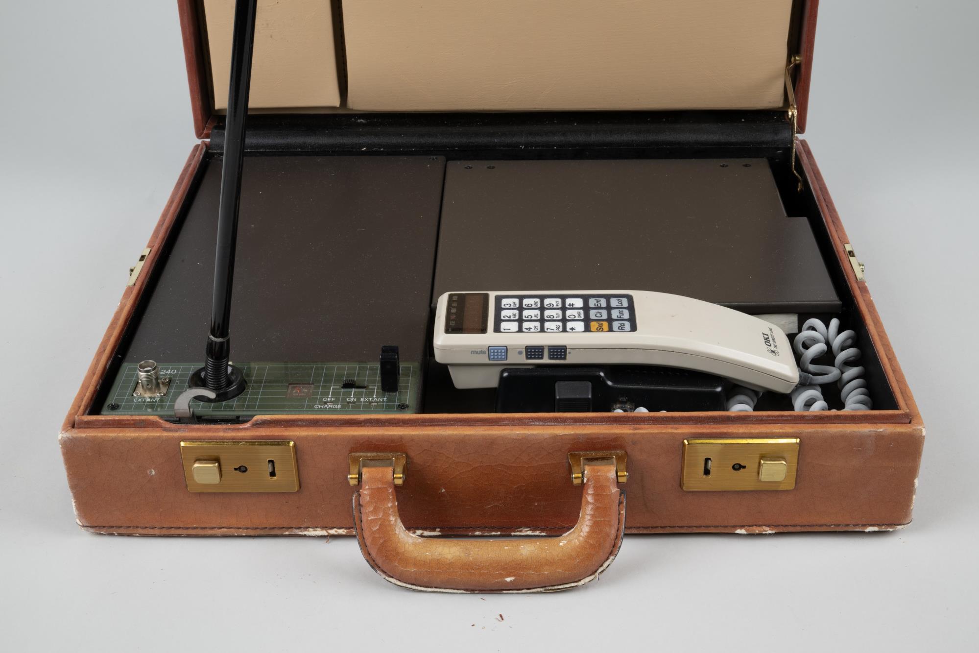Image of OKI Electric car phone in briefcase, ca. 1985