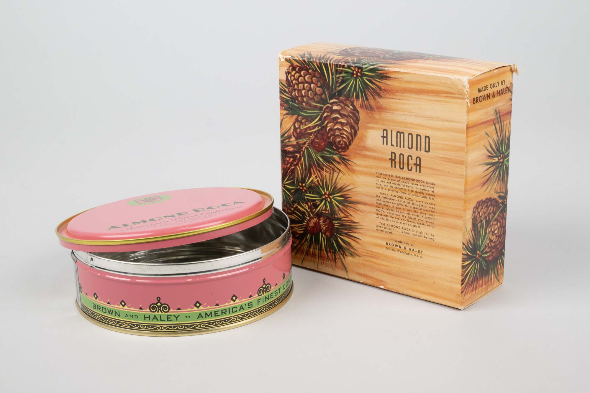 Image of Tin and box for Brown & Haley Almond Roca candy, ca. 1960s