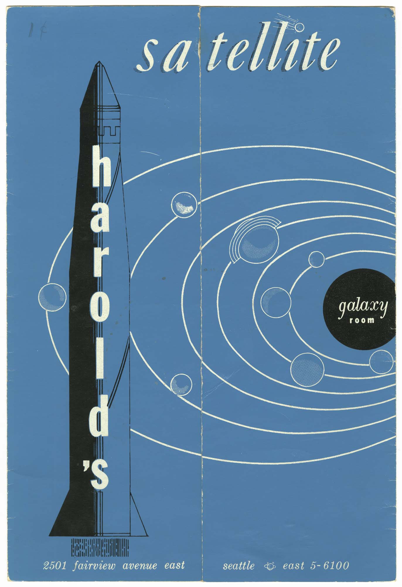 Image of Harold's Satellite restaurant and Galaxy Room menu, circa 1965