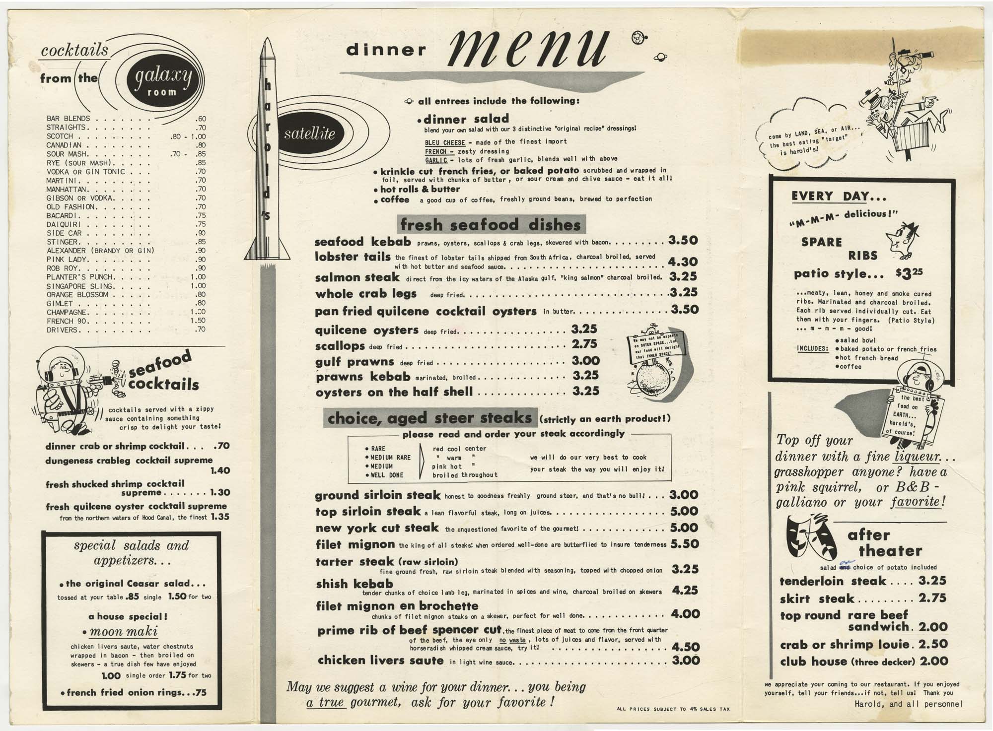 Image of Harold's Satellite restaurant and Galaxy Room menu, circa 1965