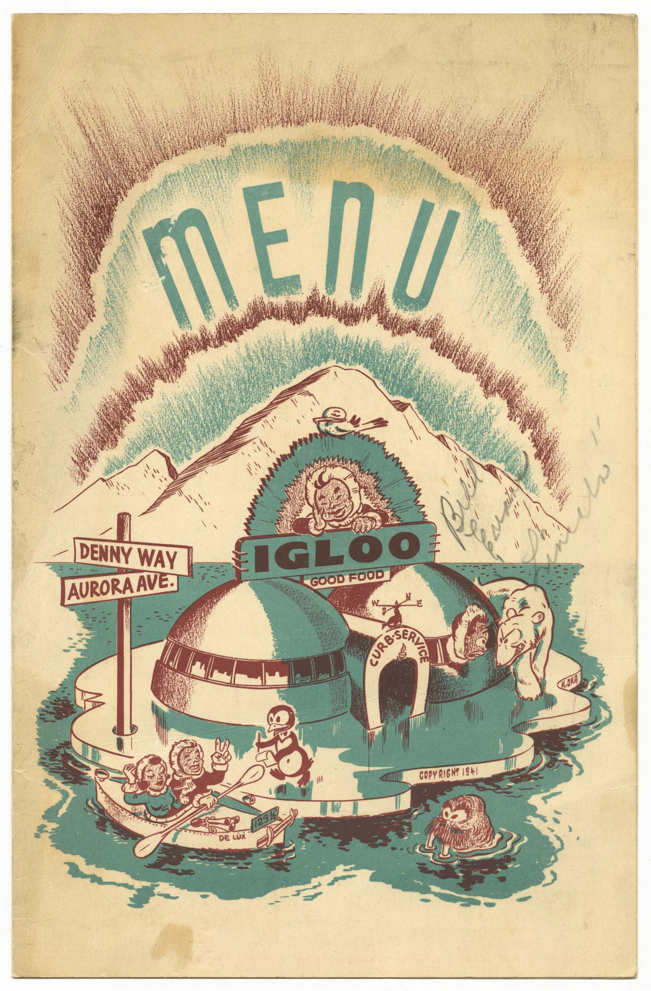 Image of The Igloo menu, circa 1950